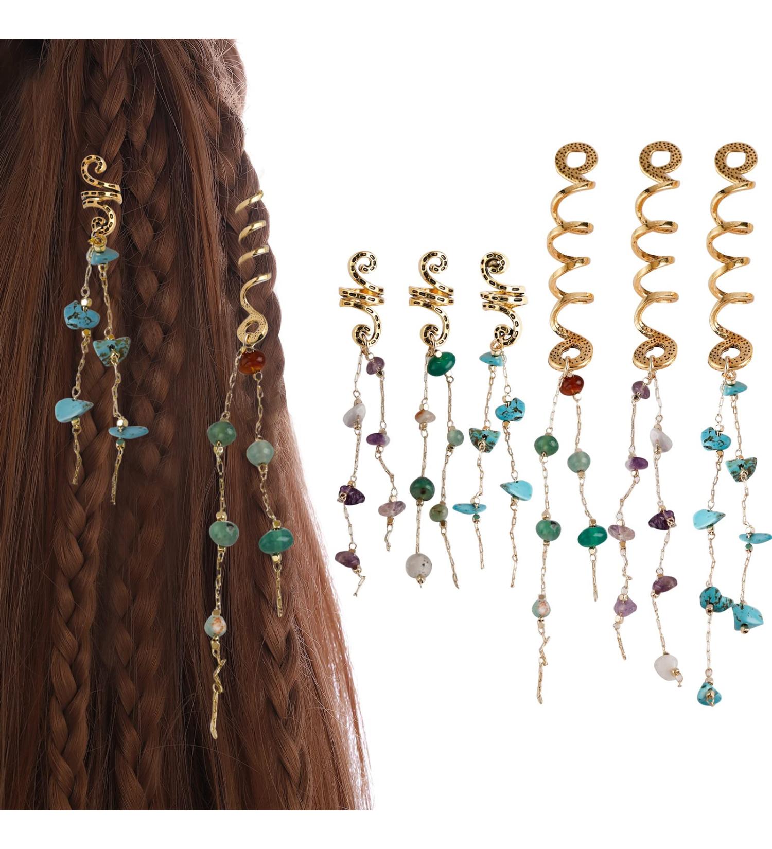Colored Stone Hair Charms for Braids & Dreadlocks - 6Pcs Gold Green Purple Set - Buy Online on GoSupps.com