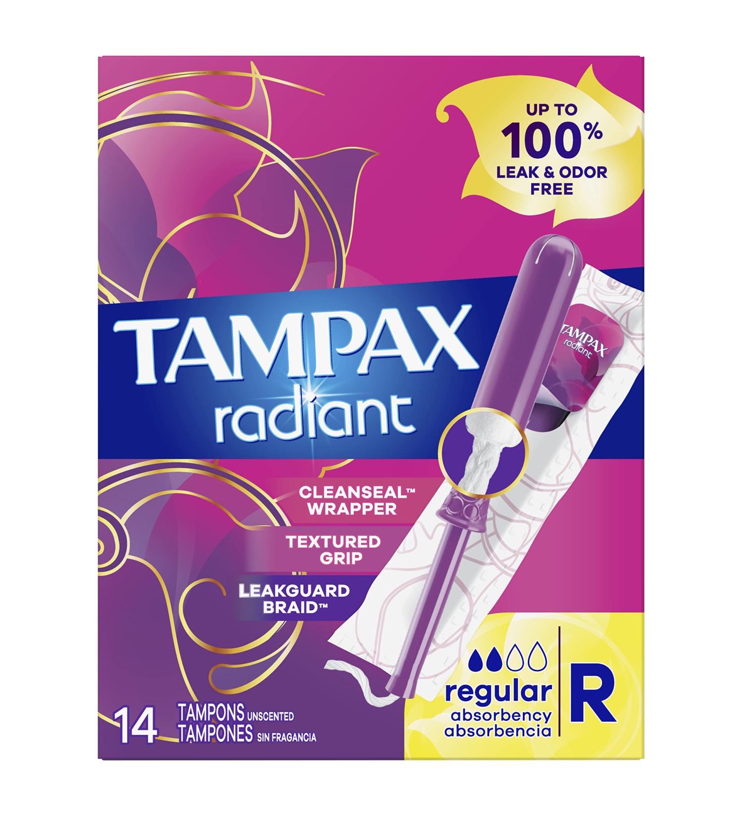 Tampax Radiant Tampons Regular Absorbency 84 Count - Unscented, Leakguard Braid - Radiant Reg - Buy Online on GoSupps.com
