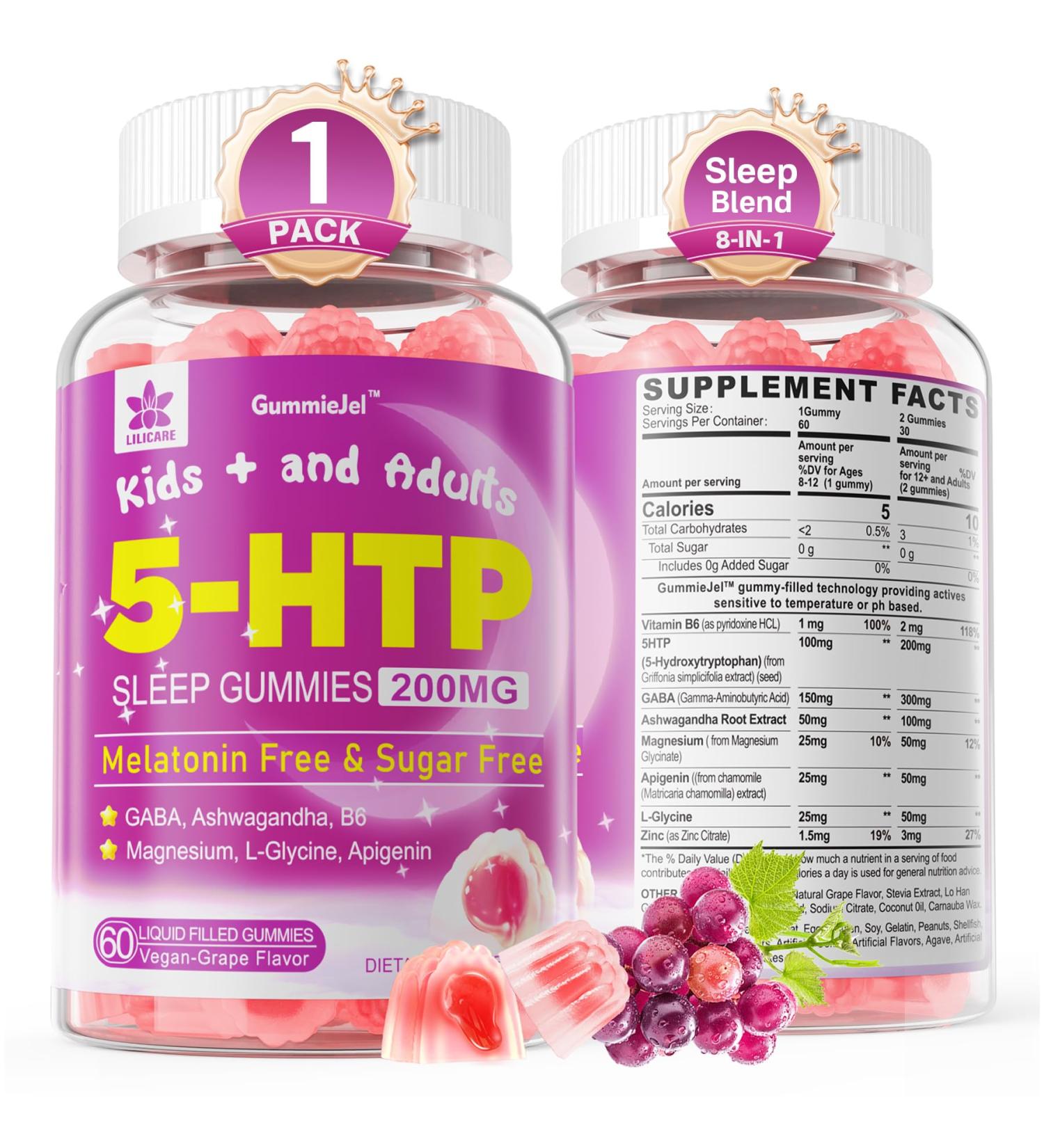 5HTP Gummies for Adults & Kids 8+, Melatonin Free Gummies with Magnesium Glycinate, GABA, L-Glycine, Ashwagandha, Vitamin B6 for Delicious Zzzs, Brain & Muscle Relaxation, 0 Sugar 60 Count (Pack of 1) - Buy Online on GoSupps.com