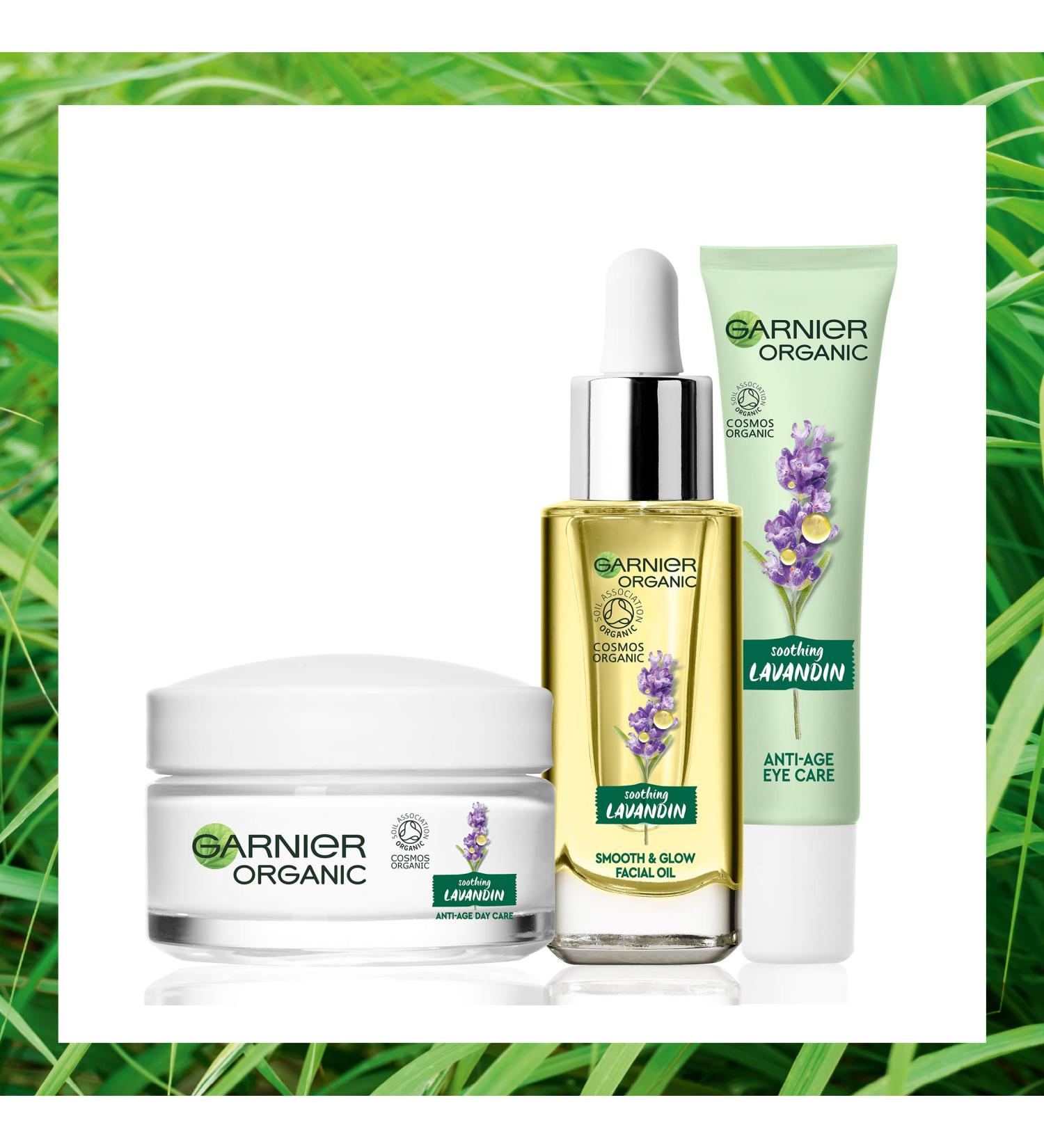 Garnier Organic Lavandin Set: Anti-Age Day Cream Smooth & Glow Facial Oil and Anti-Age Eye Cream for Healthy Glowing Skin - Suitable for Dry & Sensitive Skin - Buy Online on GoSupps.com