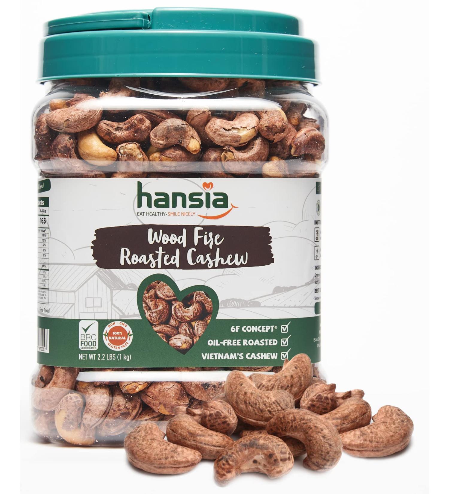 Hansia Organic Wood Fire Sea Salted Cashews with Skin - 2.2 lb - Whole Dry Roasted Non-GMO Nuts with Magnesium, Fiber, Protein, Vitamin & Iron - Oil-Free Snack - Buy Online on GoSupps.com