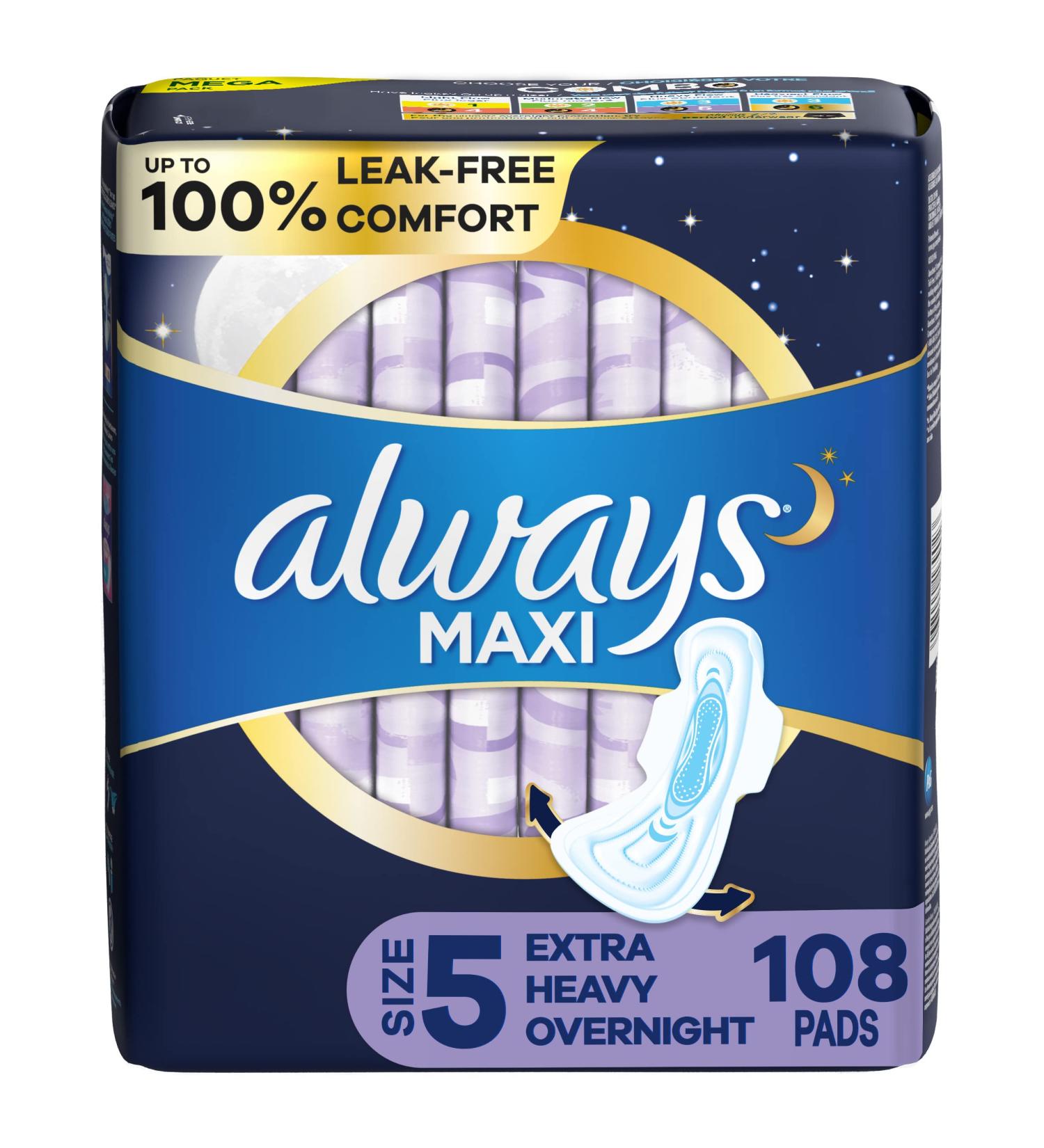 Always Maxi Feminine Pads Size 5 Extra Heavy Overnight Absorbency 108 Count (3 Packs of 36) - Unscented with Wings - Buy Online on GoSupps.com