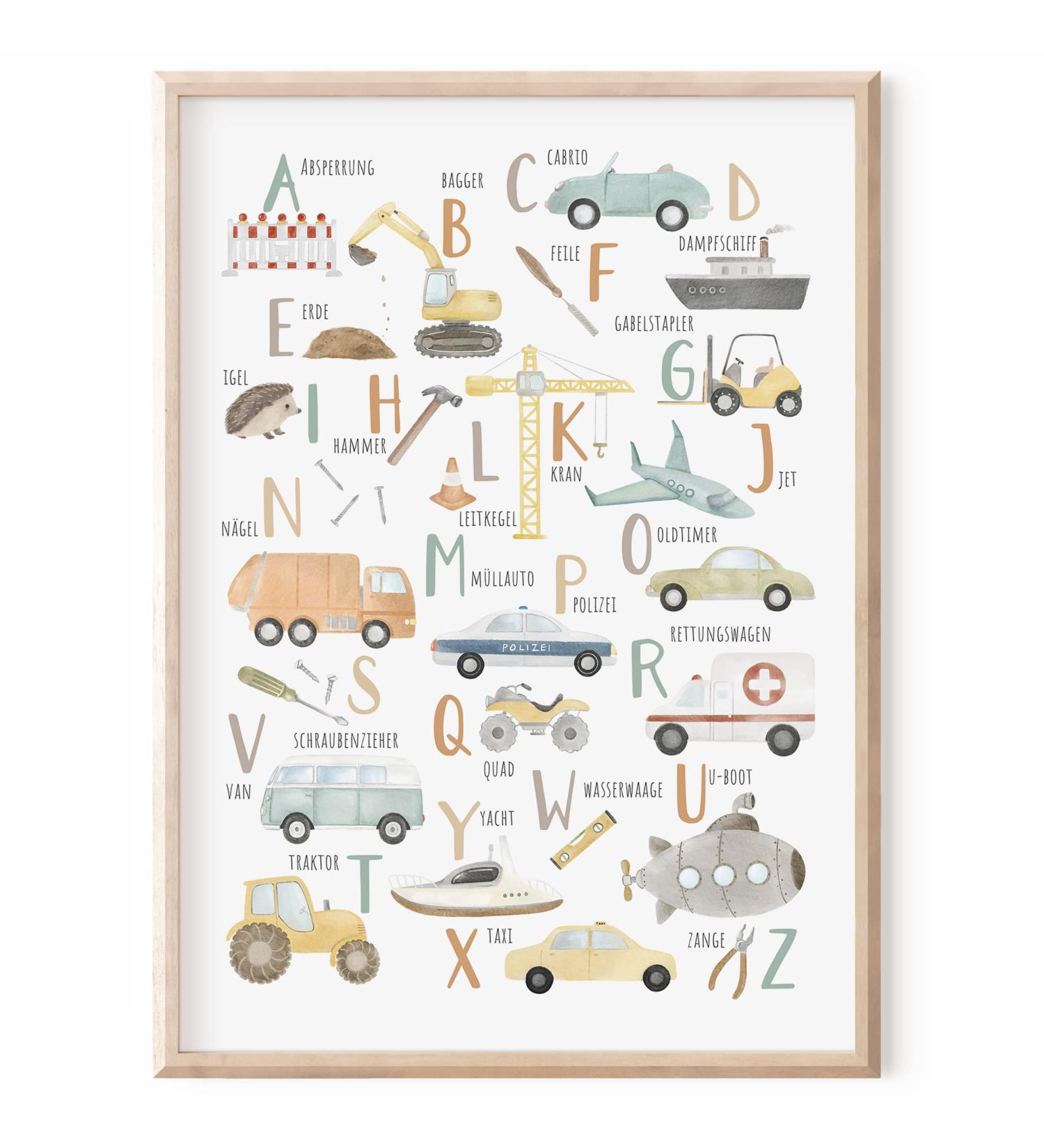 Meinbaby123 DIN A2 ABC Vehicles Poster | Kids Learning Alphabet Decor | Premium Wall Art for Boys' Rooms - Buy Online on GoSupps.com