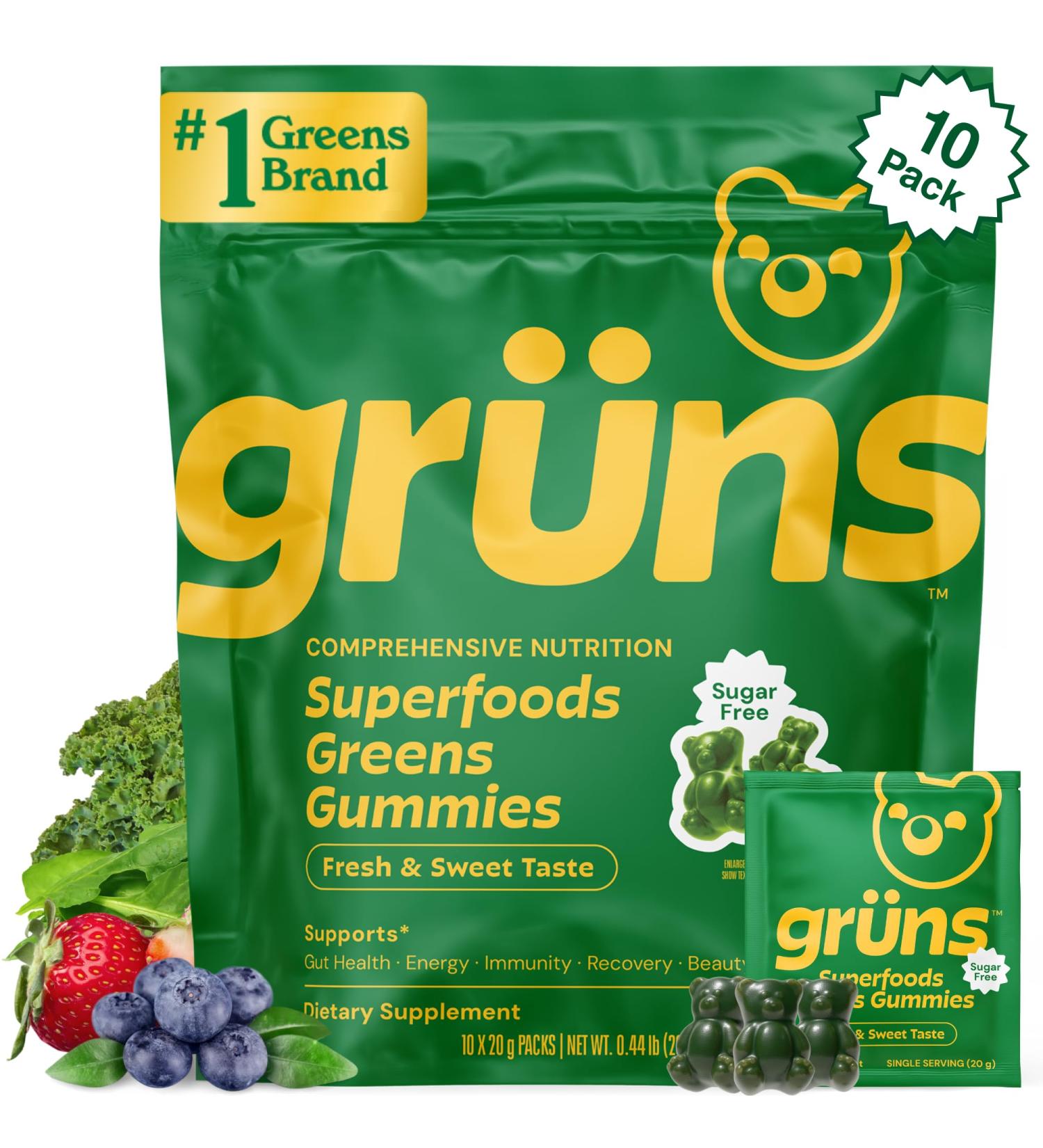 Gruns Sugar-Free Super Greens Gummies, Multivitamin Superfood Gummy Bears, Spirulina, Chlorella, Prebiotics & Fiber gummies for Digestive Health, Adaptogens Supplement, 20 Vitamins & Minerals, 10 pack - Buy Online on GoSupps.com