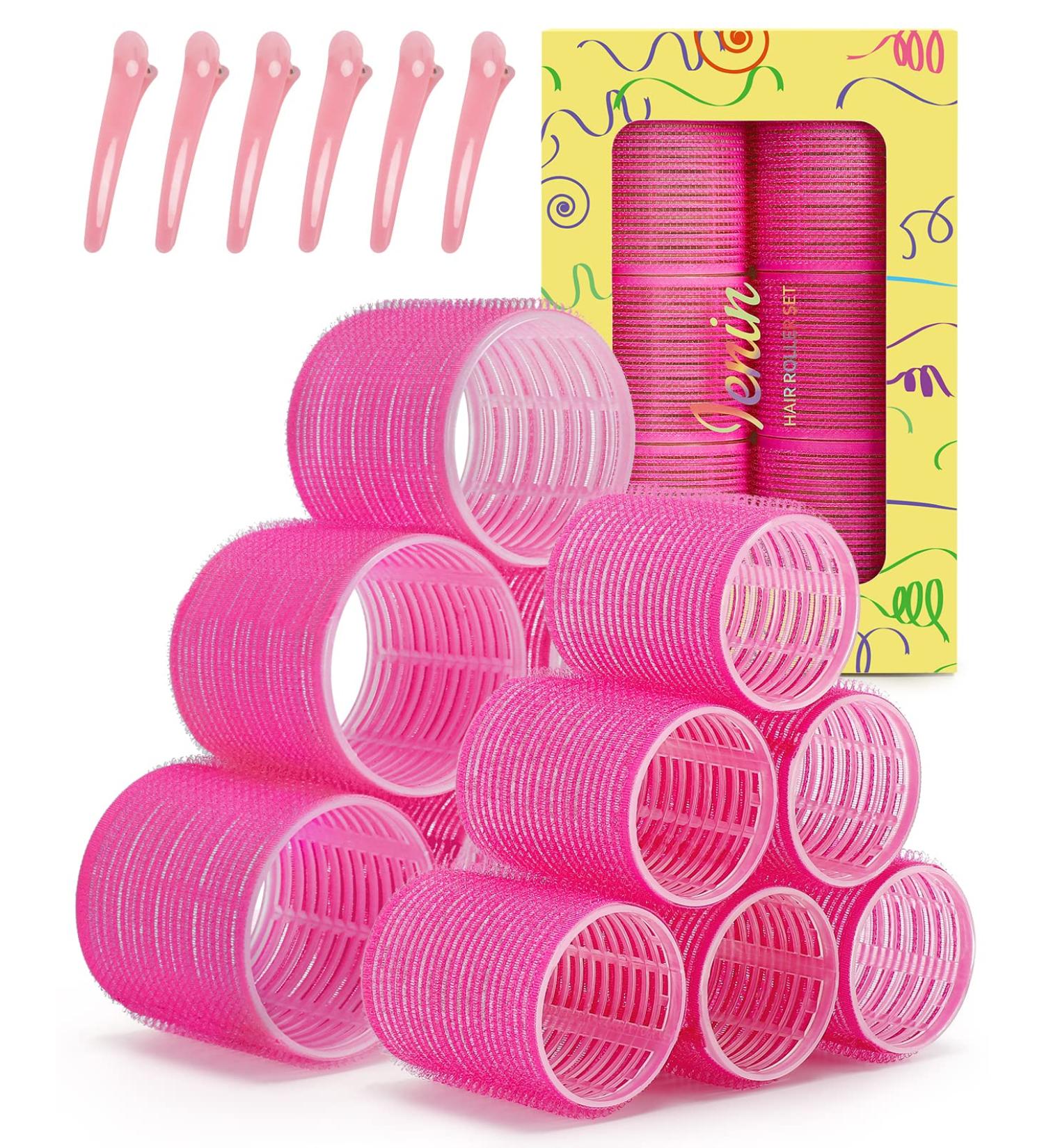 IENIN Self Grip Hair Rollers Set - 18 Pack, 2 Sizes, Velcro Curlers with Clips - Jumbo Hair Rollers for Long, Medium, Short Hair - DIY Hairstyle, Holiday Gift for Women - Pink - Buy Online on GoSupps.com