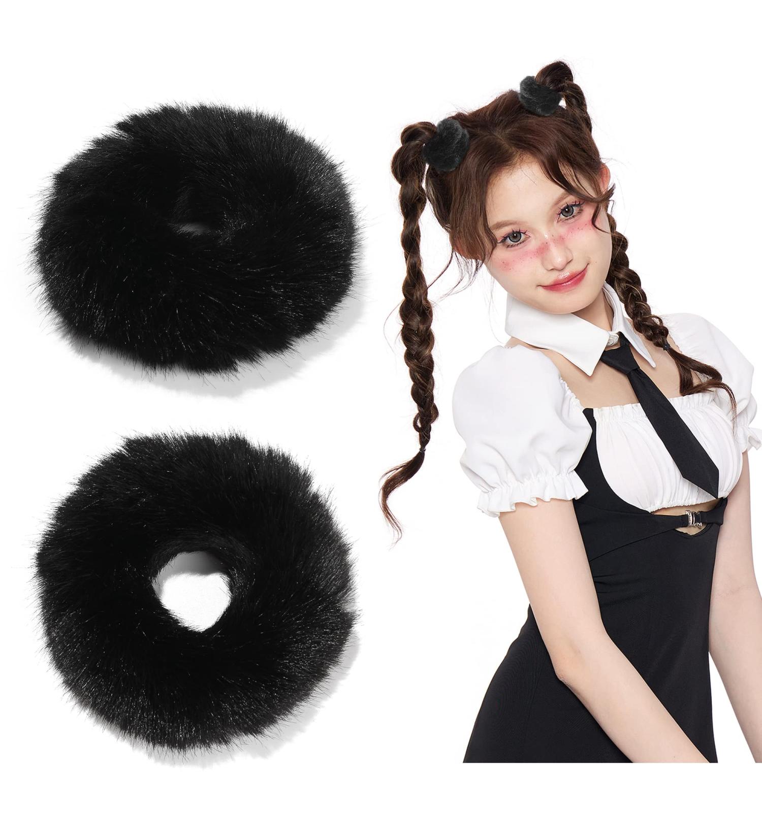 Halloween Christmas Black Fuzzy Scrunchies - 2 Pack Faux Fur Hair Accessories for Girls - Soft Ponytail Holder & Wristband for Theme Parties - Buy Online on GoSupps.com