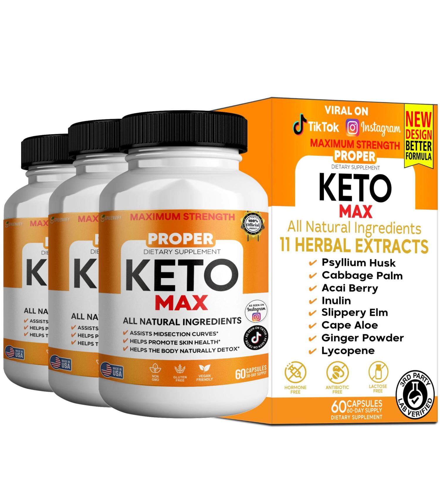 GREENVIFY Proper Keto Max Dietary Supplement Maximum Strength All Natural Ingredients 60 Capsules 30-Day Supply Supports Skin Health and Natural Detox (3) - Buy Online on GoSupps.com