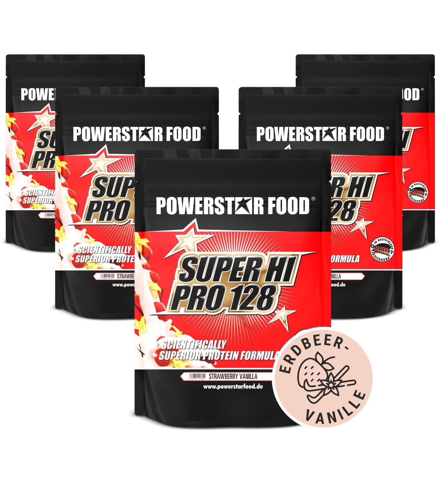 Powerstar Super Hi Pro 128 | Strawberry Vanilla Multi-Component Protein Powder 5x1kg | 79% Protein for Muscle Building | Premium International Shipping - Buy Online on GoSupps.com