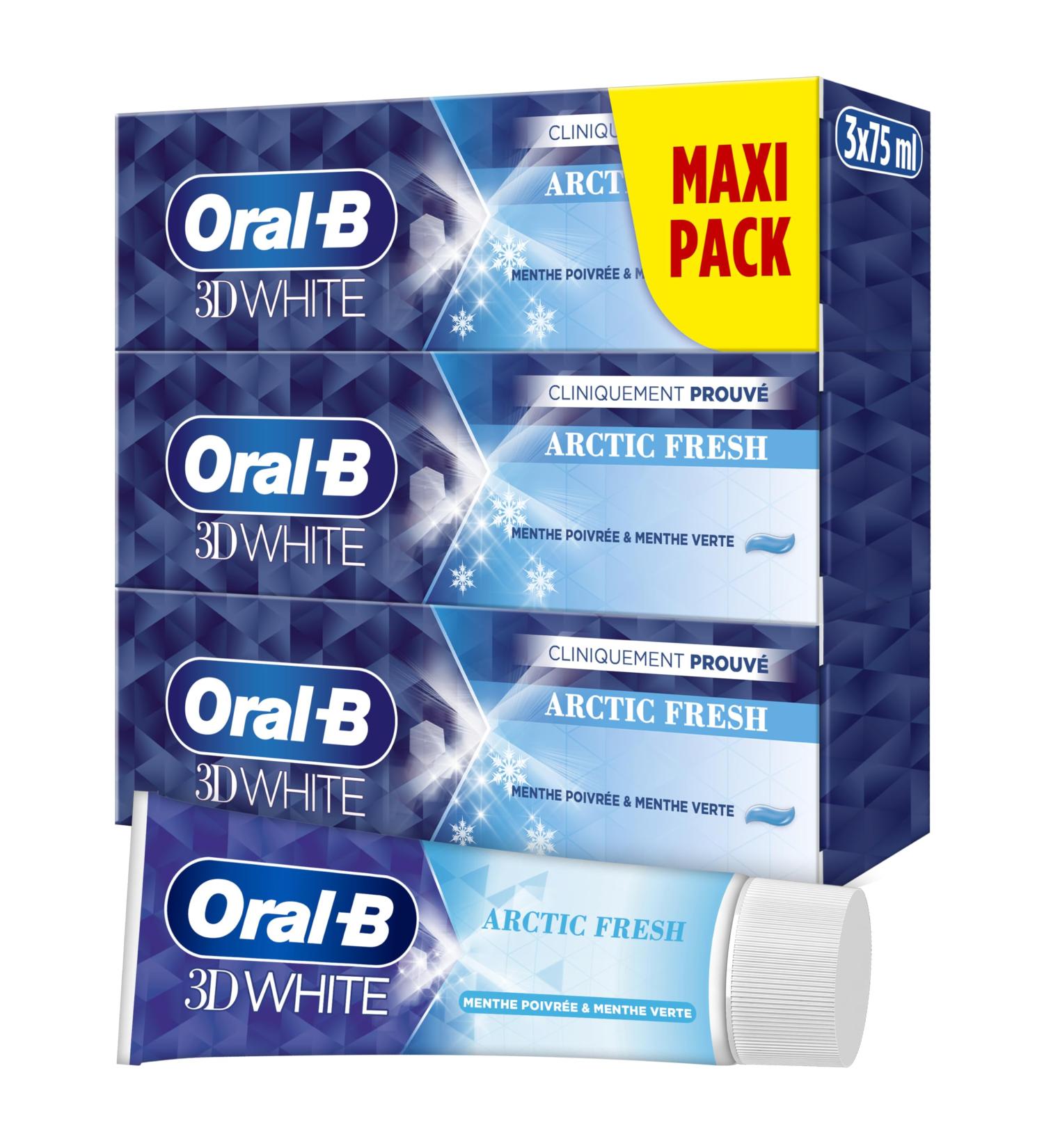 Oral-B 3D White Arctic Fresh Toothpaste Stain Removal for Whiter Teeth from the First Brush Gentle on Enamel Peppermint & Spearmint Flavour Pack of 3 x 75ml - Buy Online on GoSupps.com