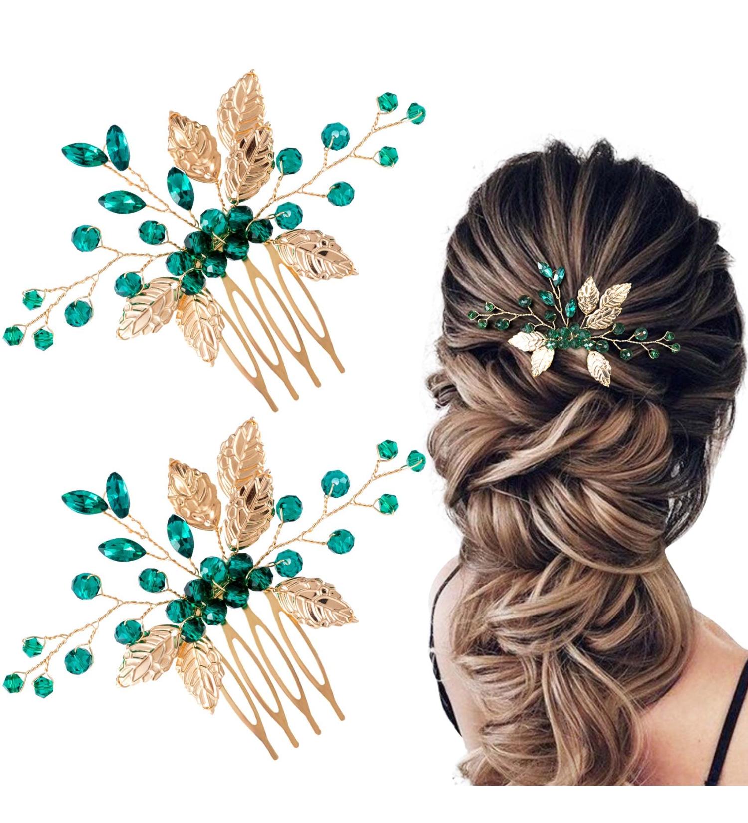 HINZIC 2Pcs Green Crystal Hair Comb - Bridal Leaves Wedding Flowers Rhinestone Hair Clip - Emerald Green Hair Accessories for Bride Party - Buy Online on GoSupps.com