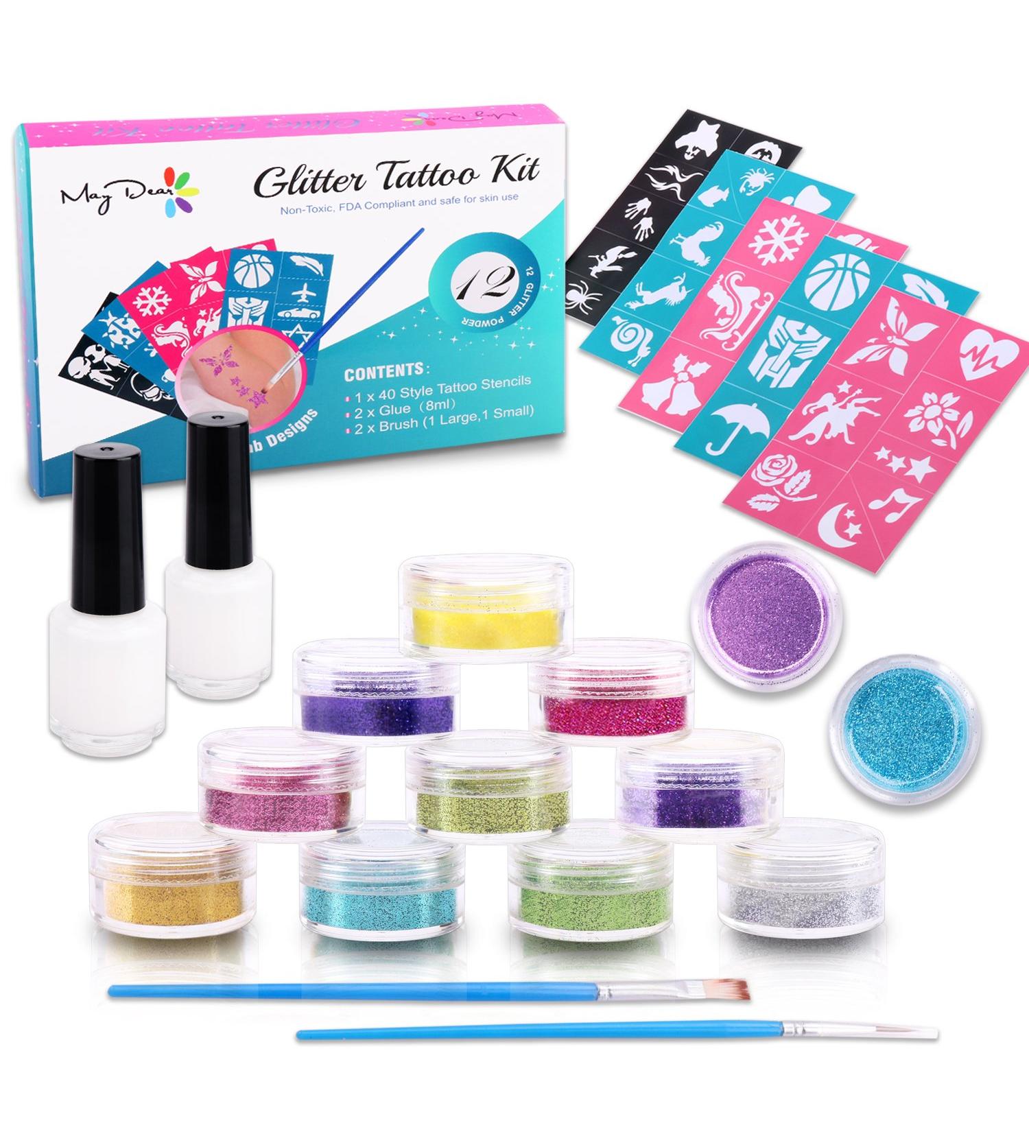 Maydear Glitter Tattoo Kit - 12 Large Glitters & 40 Stencils for Temporary Tattoos - Kids to Adults Party Accessory & Body Art - 12-Color Set - Buy Online on GoSupps.com