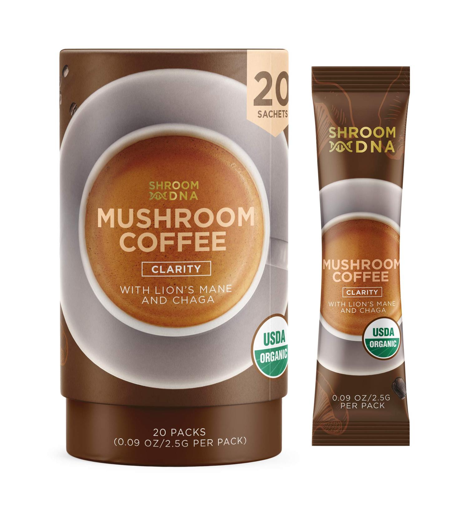 ShroomDNA Organic Mushroom Coffee with Lions Mane and Chaga Mushrooms - Instant Focus + Clarity All Day | USDA Certified Organic, Vegan, Gluten Free, No Added Sugar (20 Count) - Buy Online on GoSupps.com