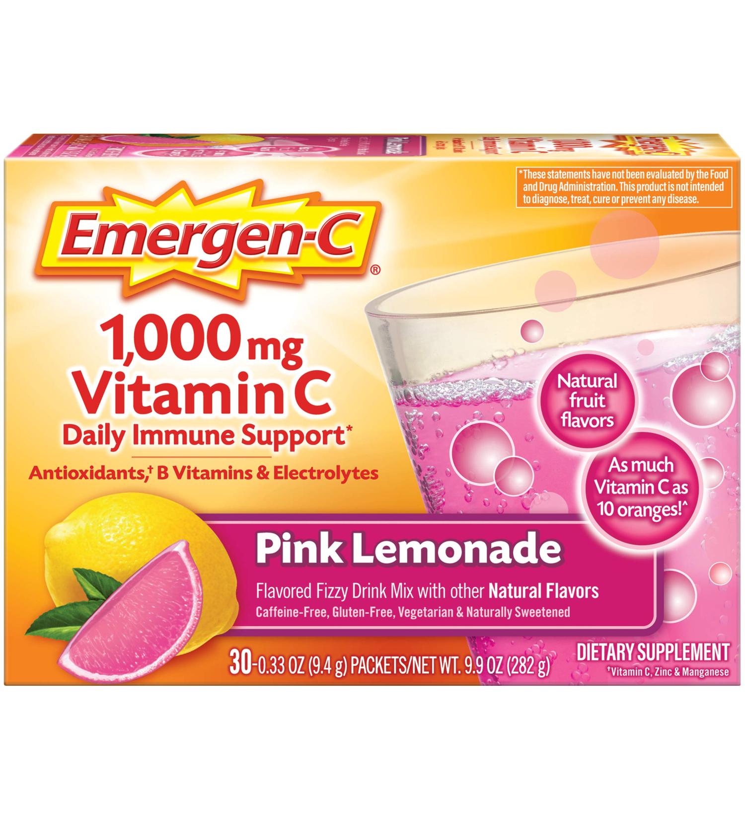 Emergen-C 1000mg Vitamin C Powder with Antioxidants B Vitamins and Electrolytes Immunity Supplements for Immune Support Caffeine Free Fizzy Drink Mix Pink Lemonade Flavor - 30 Count (Pack of 12) Pink Lemonade 9.9 Ounce  - Buy Online on GoSupps.com