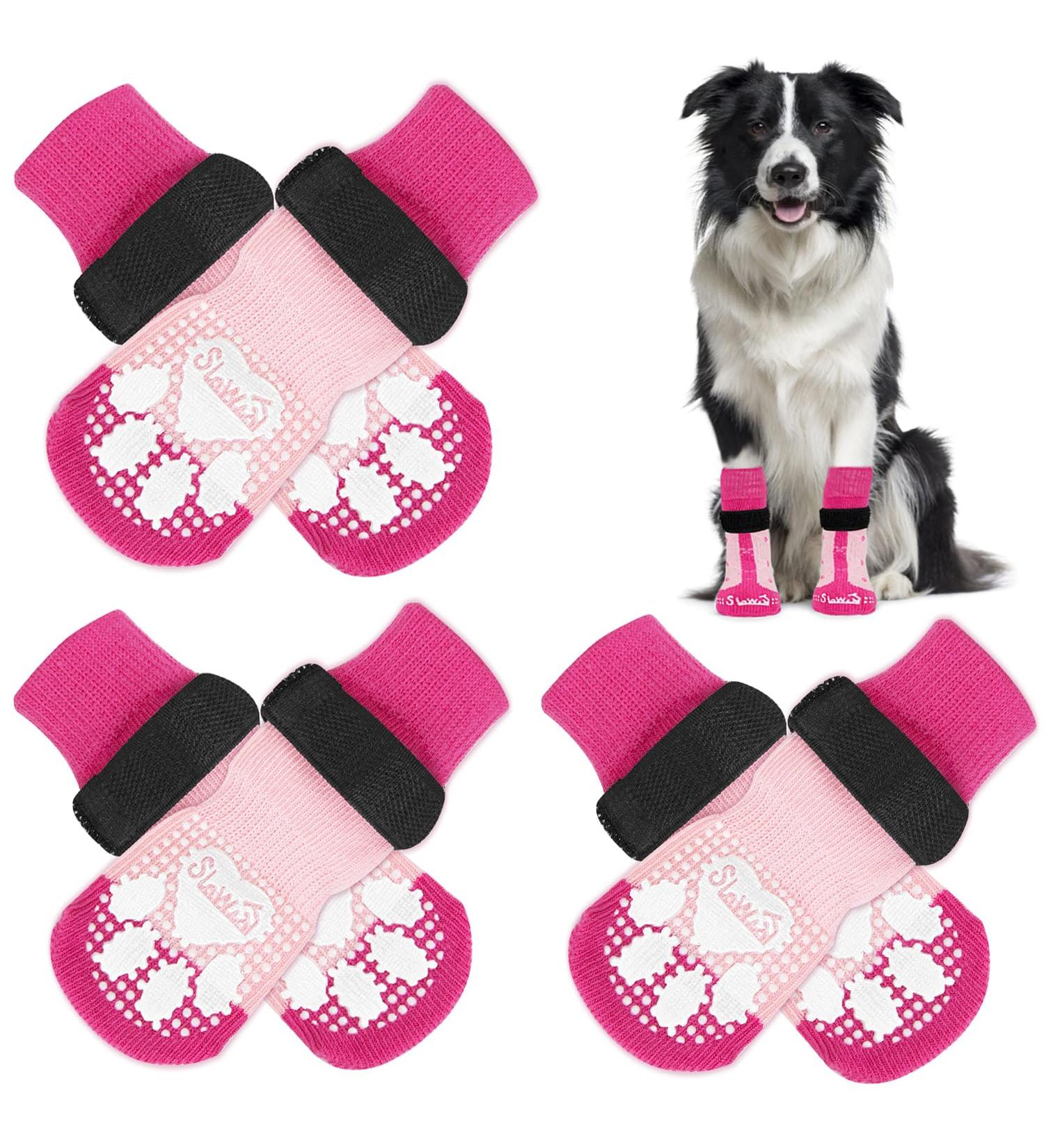 Eyein Dog Socks - 3 Pairs Double-Sided Anti-Slip Soft Dog Socks with Adjustable Velcro - Pfot Protection for Hardwood Floors - Pink Size L - Buy Online on GoSupps.com