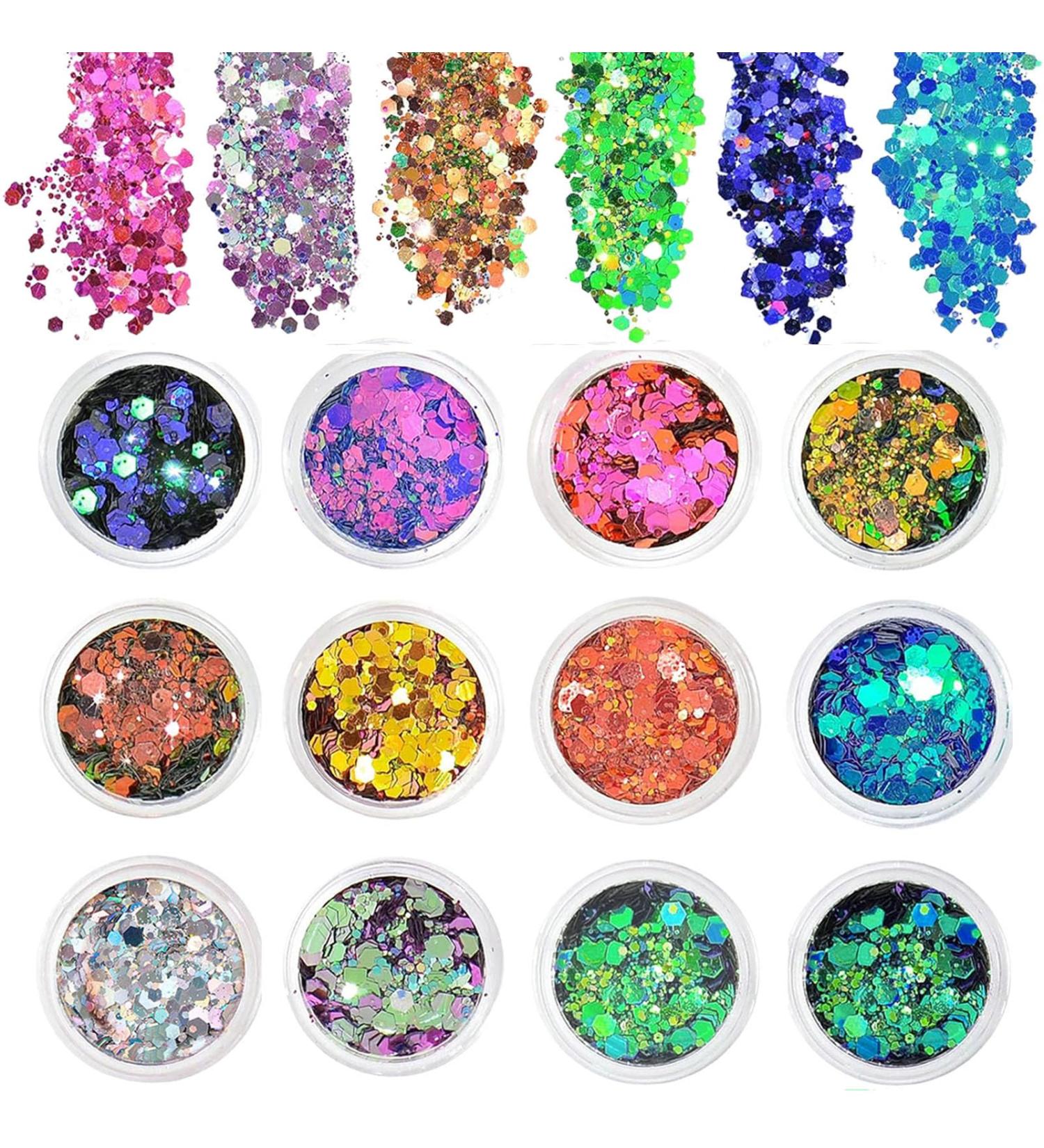 Chunky Glitter 12 Colors Face Glitter Nail Glitter Flakes Holographic Cosmetic Festival Glitter for Face Body Eye Hair Nail Painting and DIY Art - Buy Online on GoSupps.com