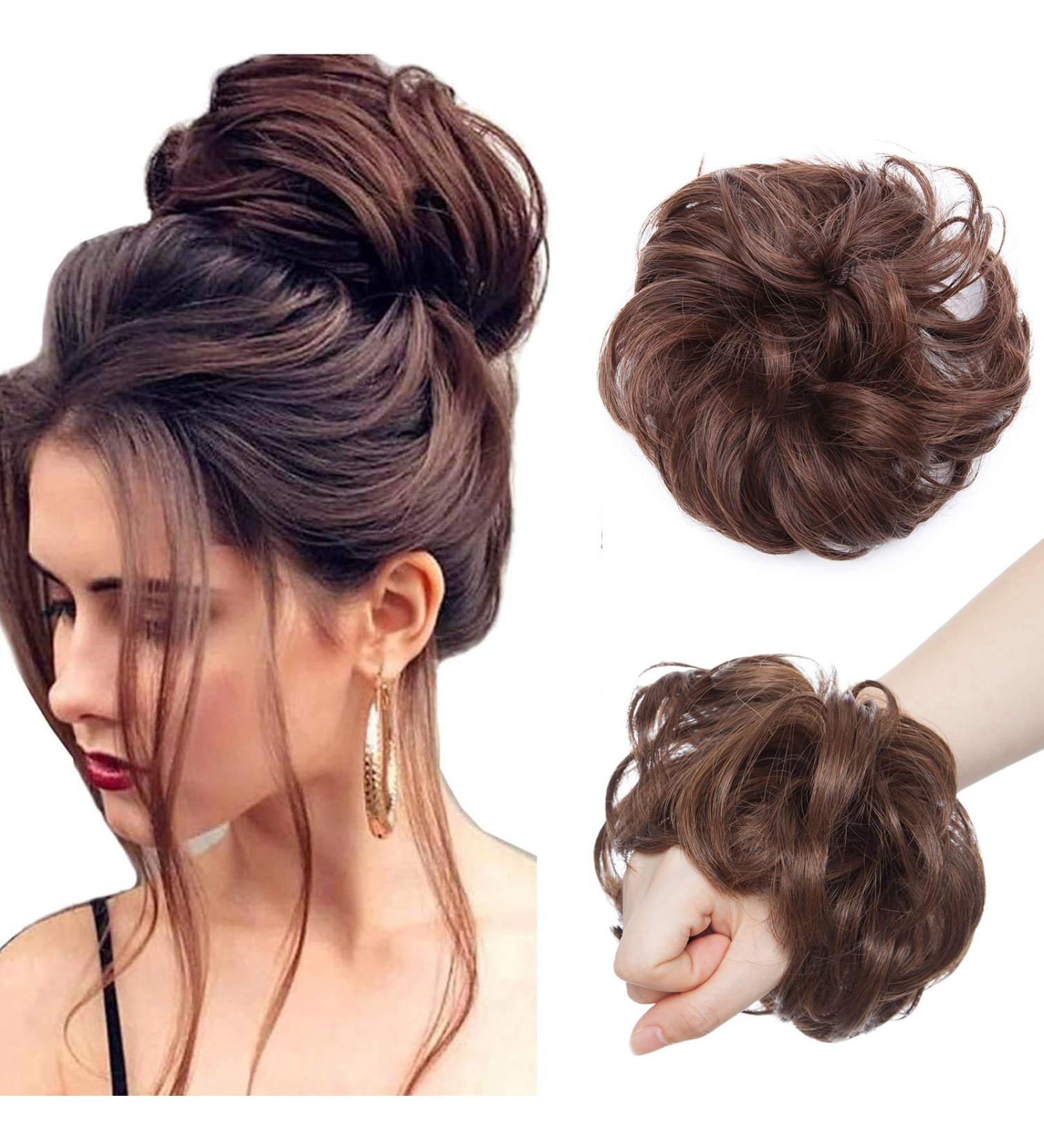 Buy Silk-Co Hair Part with Rubber Band | Wavy Soft Hair Extensions for Messy Bun Updos Medium Brown & Red-Brown (35g) - Buy Online on GoSupps.com