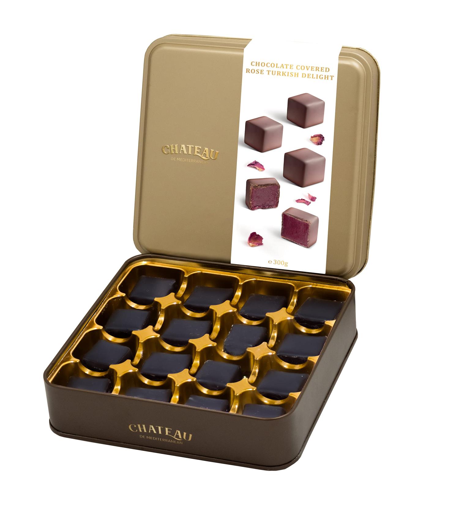 Rose Turkish Delight Lokum Covered with Chocolate In Gift Box Tin 300g 16 pieces Chateau de Mediterranean