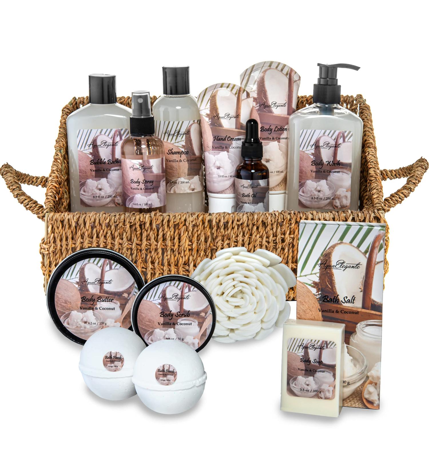 Coconut Vanilla Bath Spa Gift Set - 15 piece Luxury Basket with Bubble Bath, Body Lotion, Bath Salts, and More - Shower Puff, Bath Bombs, Soap and Towel Included - Buy Online on GoSupps.com