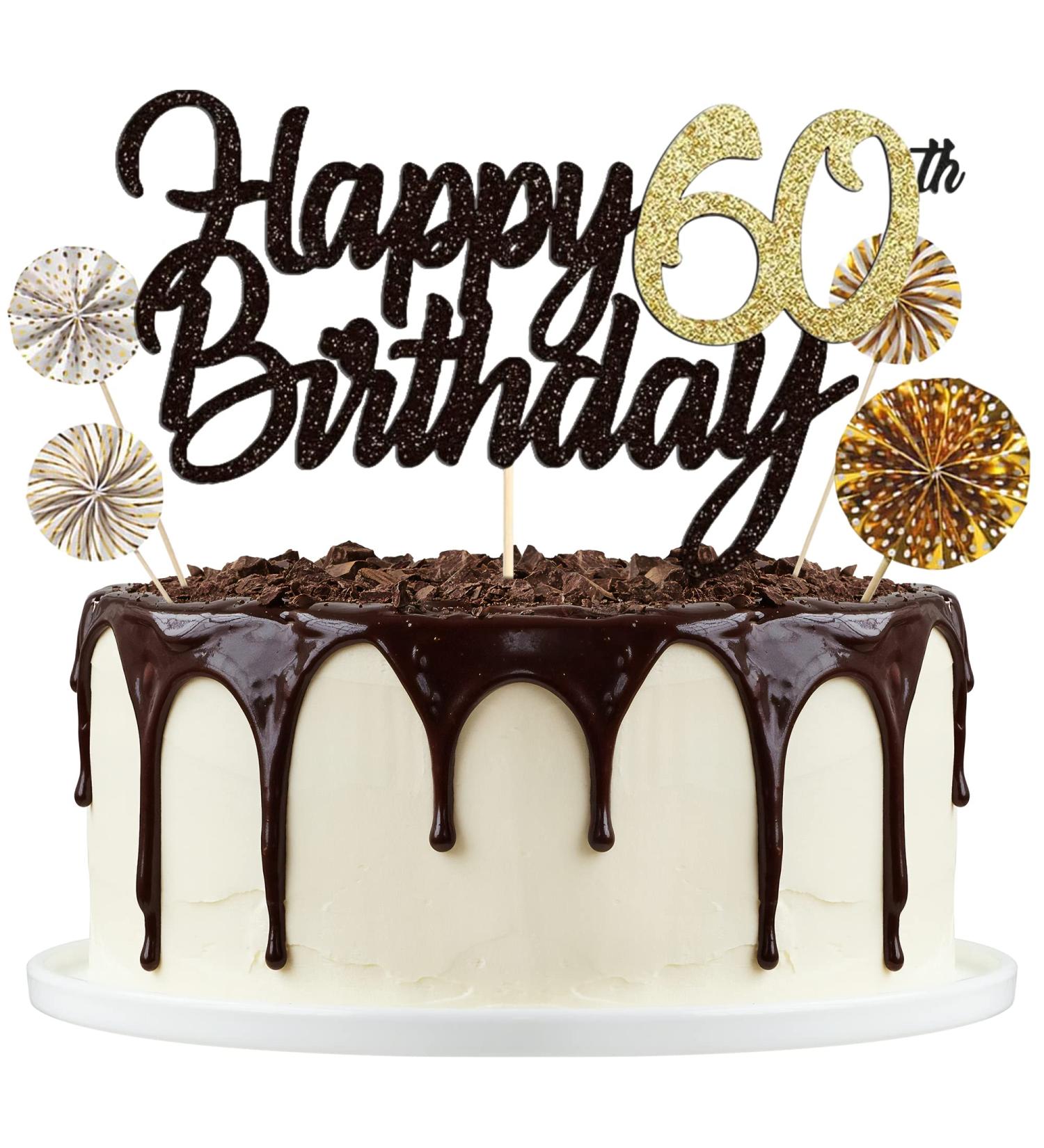 60th Birthday Cake Topper | Black Gold Tortendeko | Happy Birthday Decoration | Cupcake Paper Compartments - Buy Online on GoSupps.com
