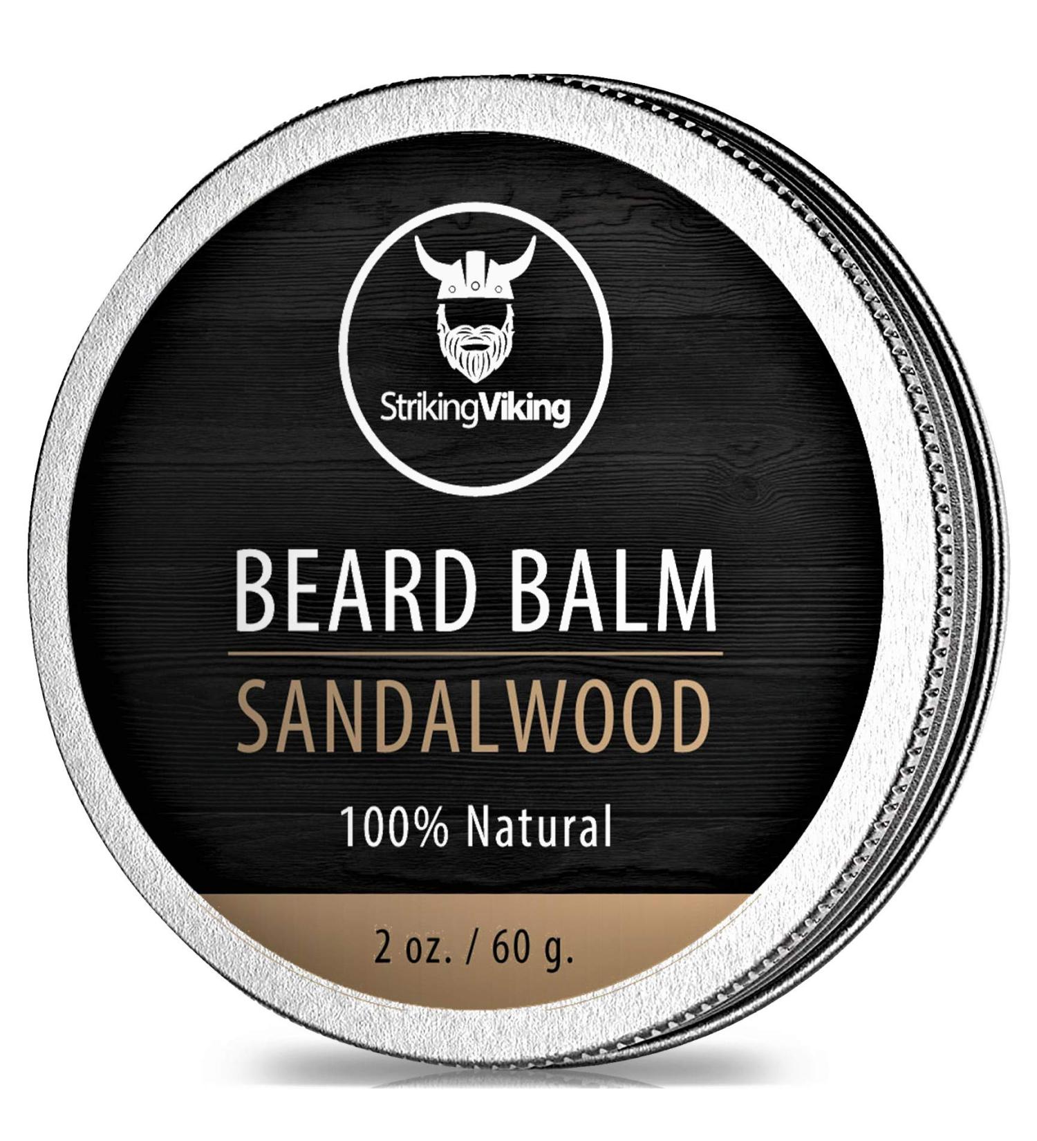 Striking Viking Sandalwood Beard Balm - 100% Natural Beard Conditioner - Styles, Strengthens & Softens - Organic Shea Butter, Tea Tree, Argan & Jojoba Oils - 2 oz - Buy Online on GoSupps.com