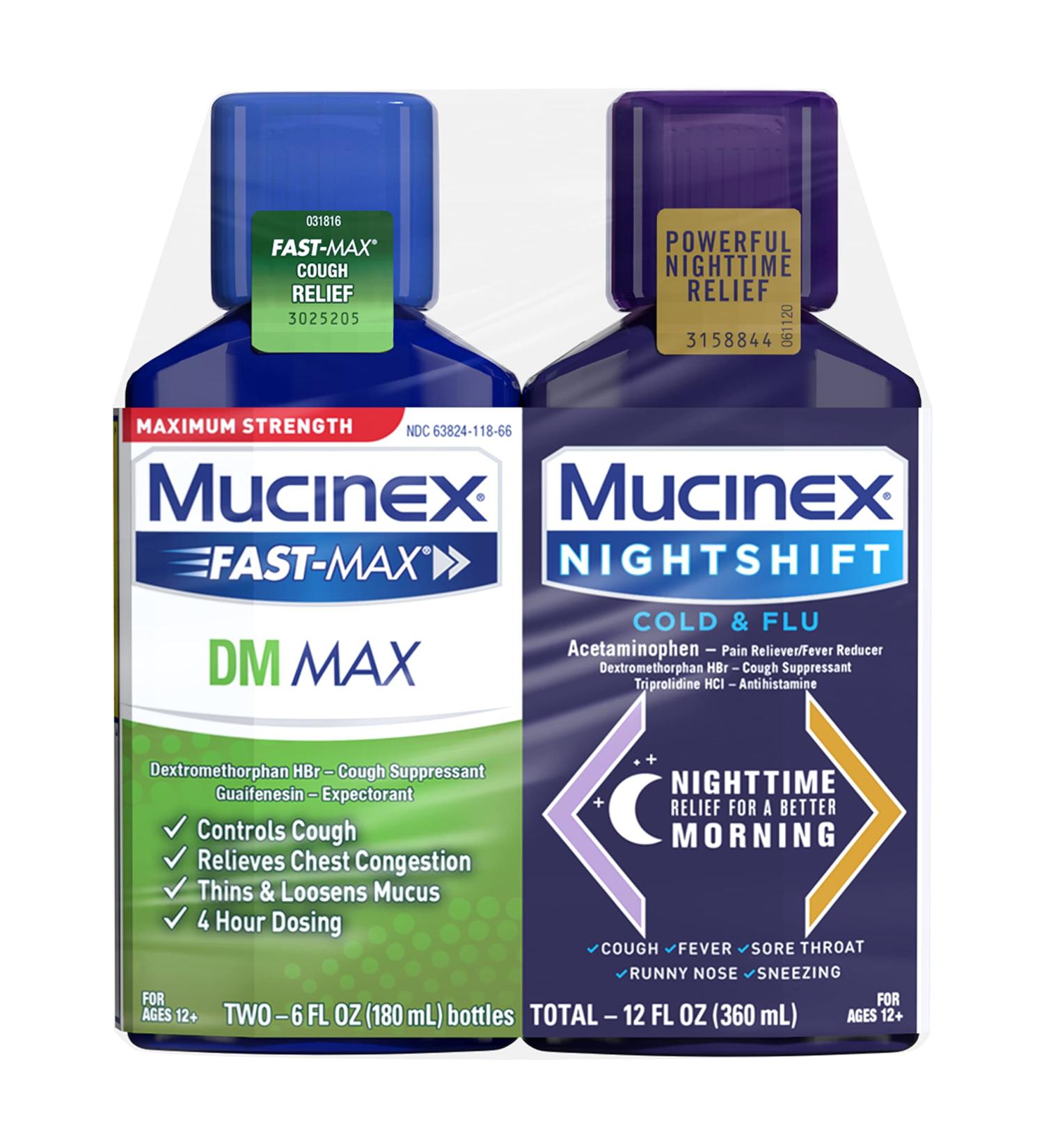 Mucinex FastMax DM Max & Nightshift Cold & Flu Liquid - 12 fl. oz - Relieves Cough, Congestion, Pain, Fever, and Cold Symptoms - Buy Online on GoSupps.com