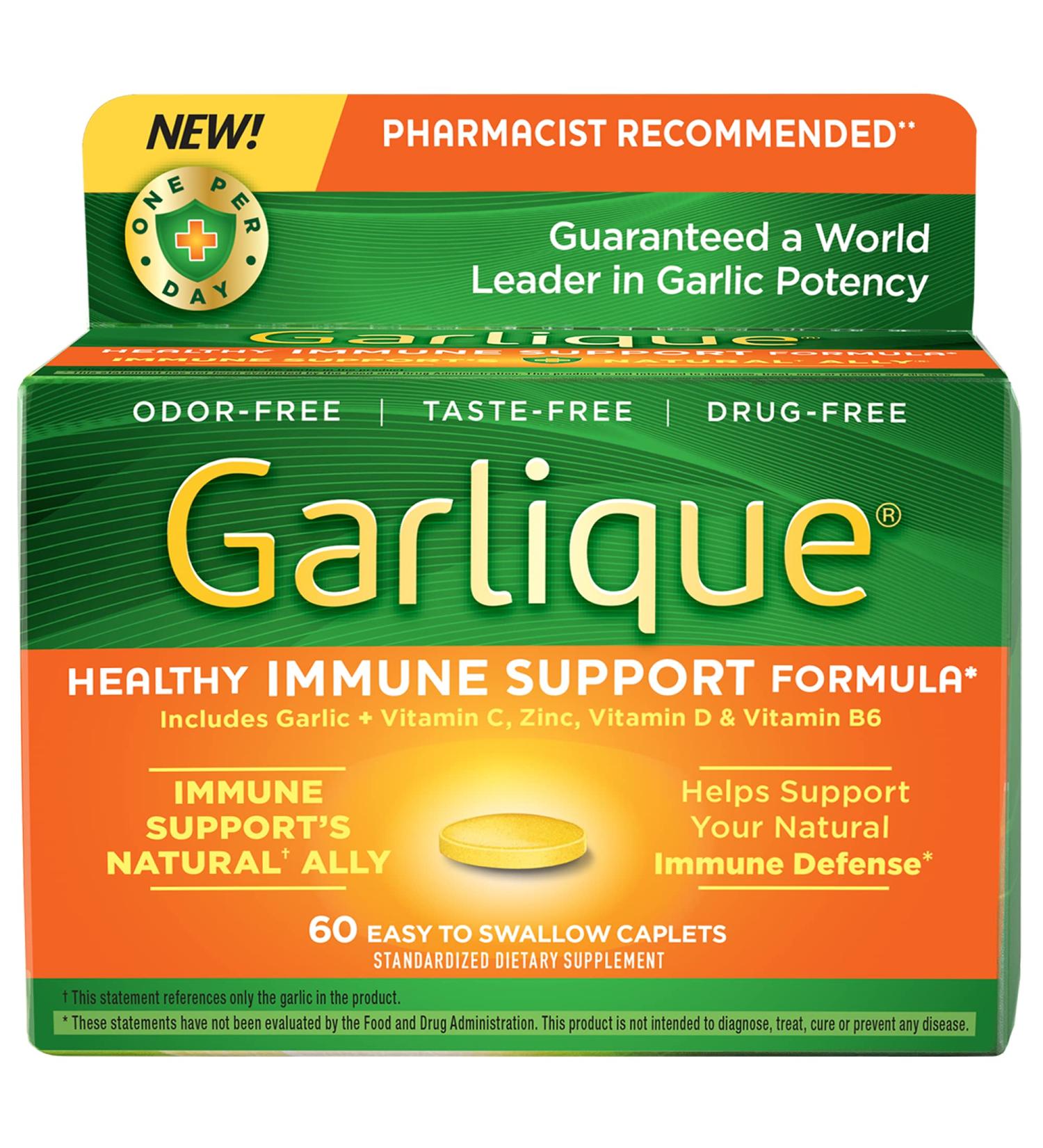 Garlique Garlic Extract Supplement - Healthy Immune Support Formula, Odorless & Vegan Friendly - 60 Caplets - Buy Online on GoSupps.com