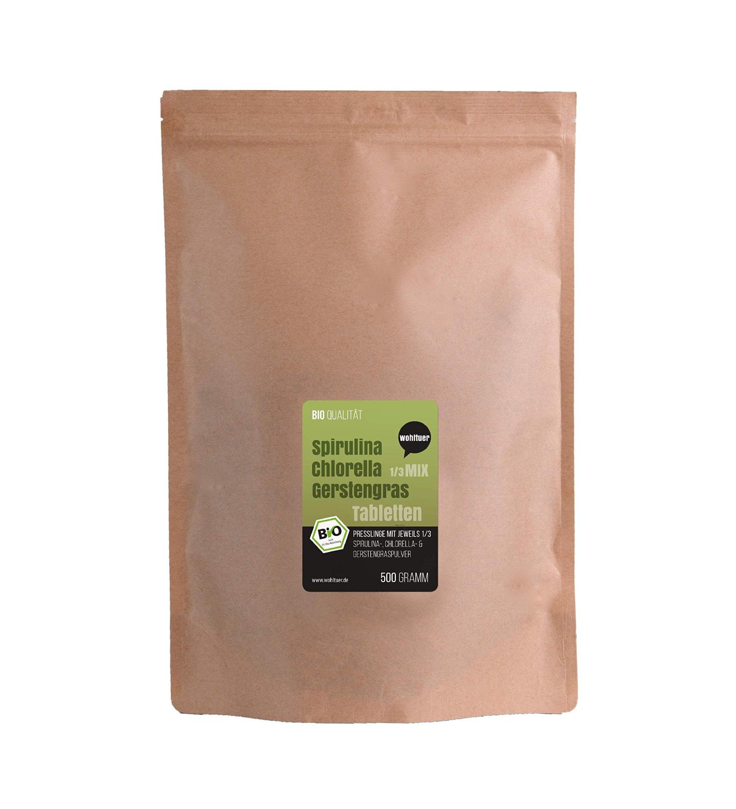 Wohltuer Organic Spirulina Chlorella Barley Grass Tablets - 500g Superfood Mix for Health | Raw Food Quality Algae - Buy Online on GoSupps.com
