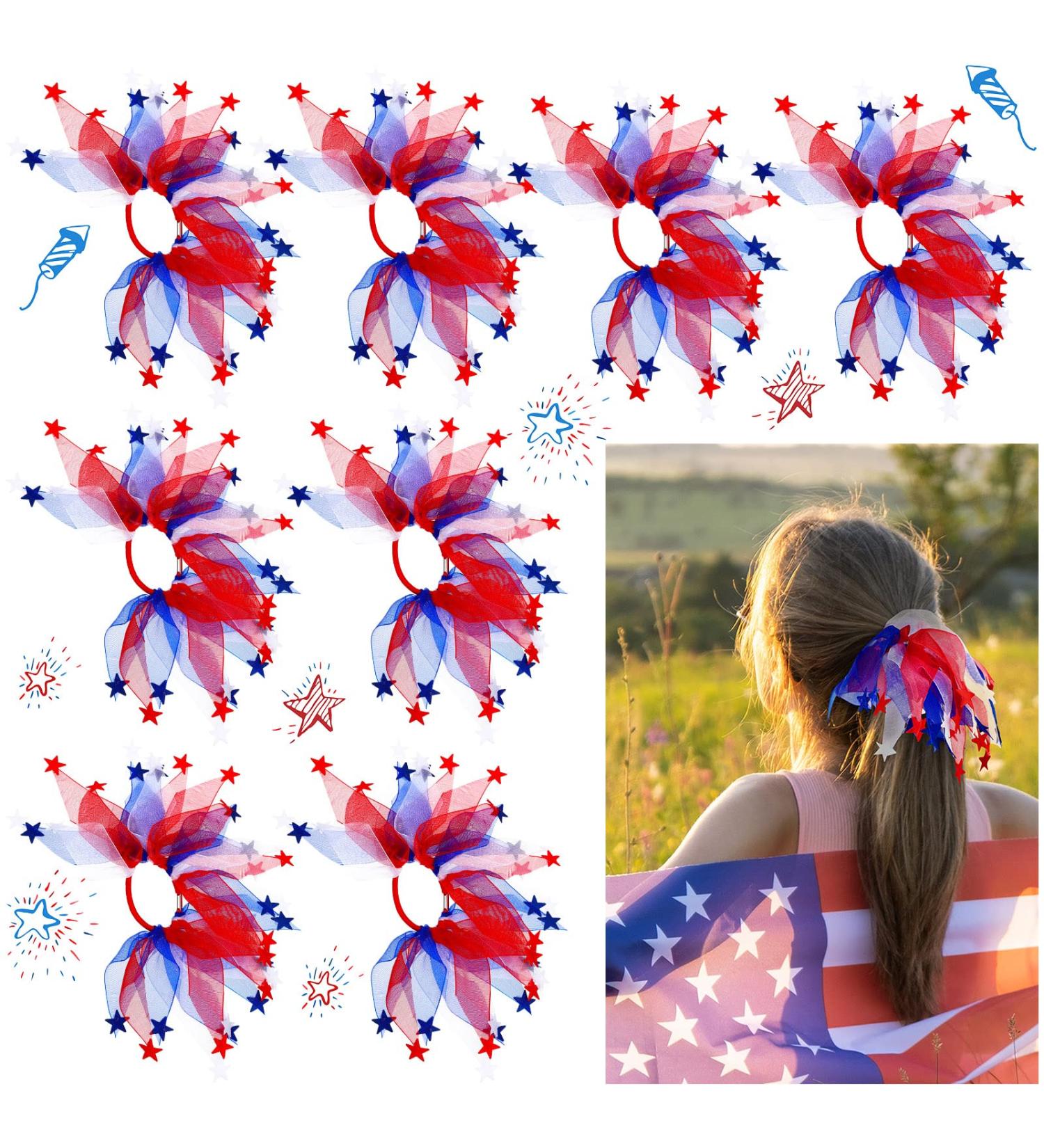 Retrowavy 8 Pcs American Hair Ties: White & Blue Patriotic Scrunchies for Women | 4th of July Ponytail Holders & Independence Day Party Accessories - Buy Online on GoSupps.com