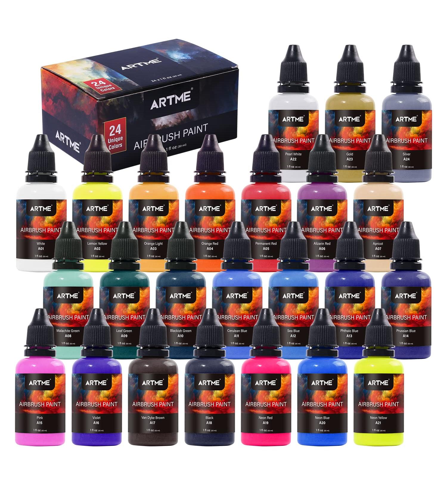 ARTME Airbrush Paint Set - 24 Colors, Metallic and Neon, Opaque, Water Based Acrylic - Ideal for Artists, Beginners, Students - Leather & Shoe Kit - Buy Online on GoSupps.com