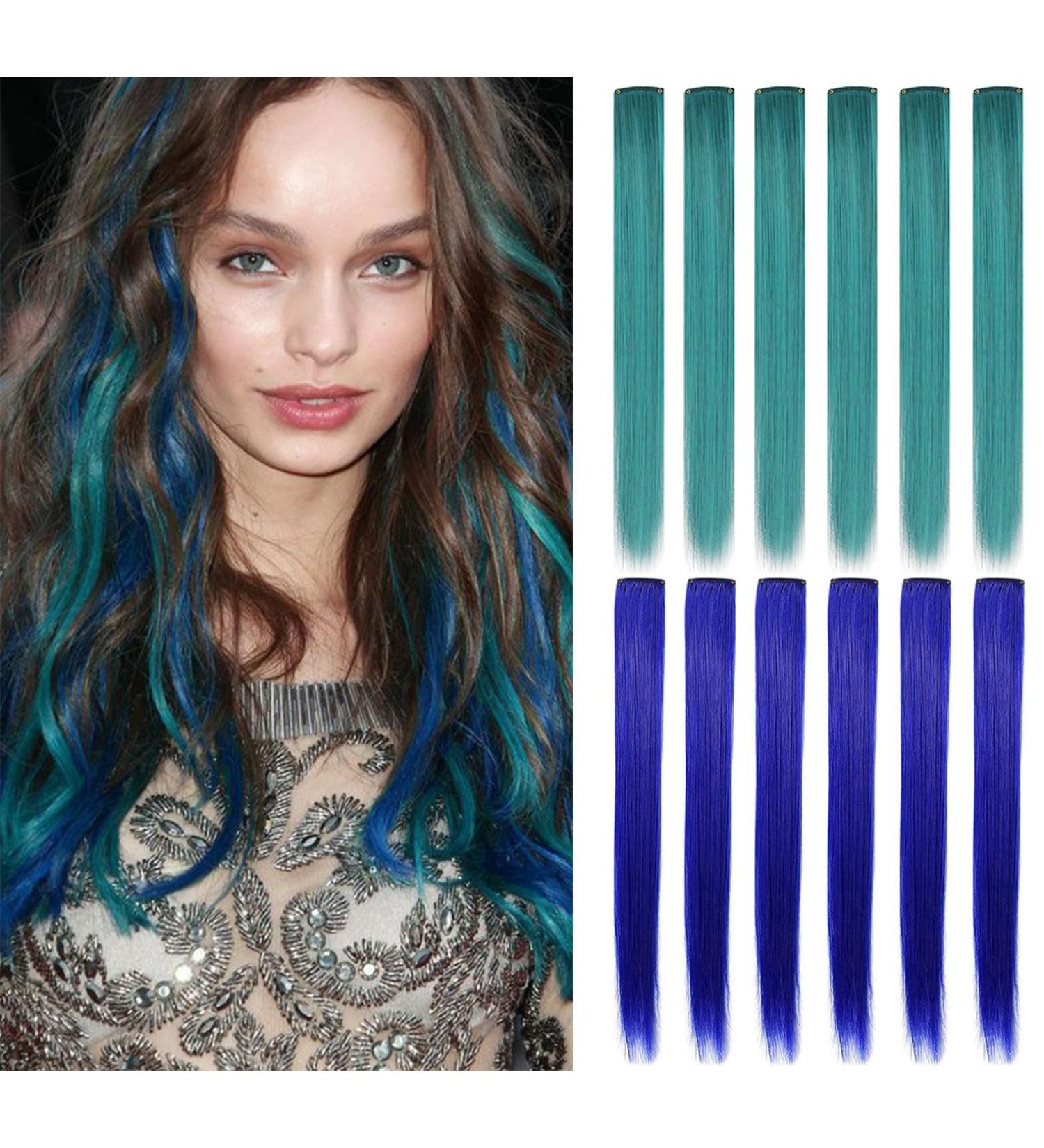 Shop 21-Inch Shkjchp Colored Clip-In Hair Extensions - Vibrant Blue & Dark Turquoise Highlights for Girls | 12PCS Party Hair Accessories - Buy Online on GoSupps.com