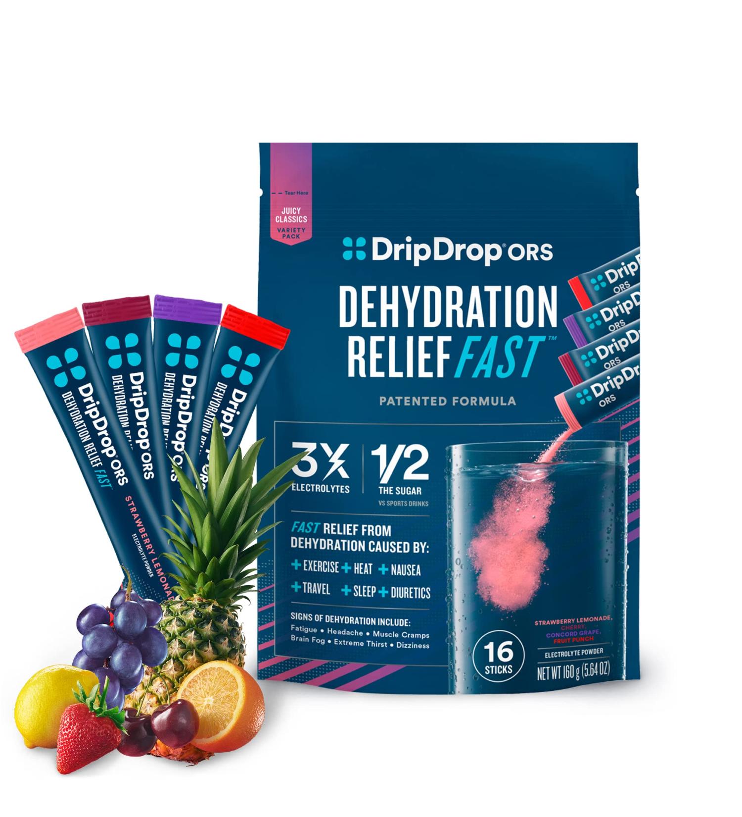 DripDrop ORS Hydration Electrolyte Powder Packets - Juicy Classics Variety Pack - Grape, Fruit Punch, Strawberry Lemonade, Cherry - 16 Count - Buy Online on GoSupps.com