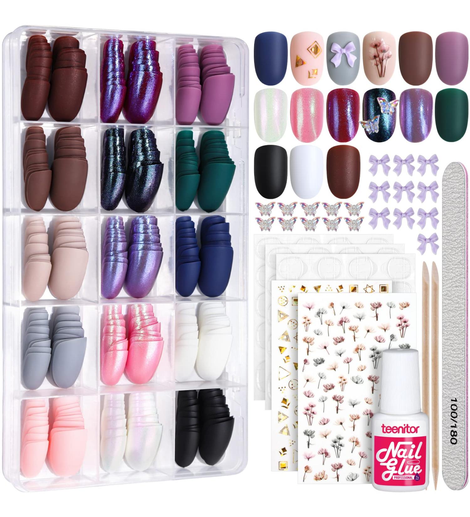 Teenitor 15 Packs Short Oval False Nails with Glue Matte & Chrome Glitter Press on Nails Short 360pcs Fake Nails Set with Glue on Nails for Women Girls Short Coffin Nails Tips with Nail Art Sticker Matte Oval - Buy Online on GoSupps.com