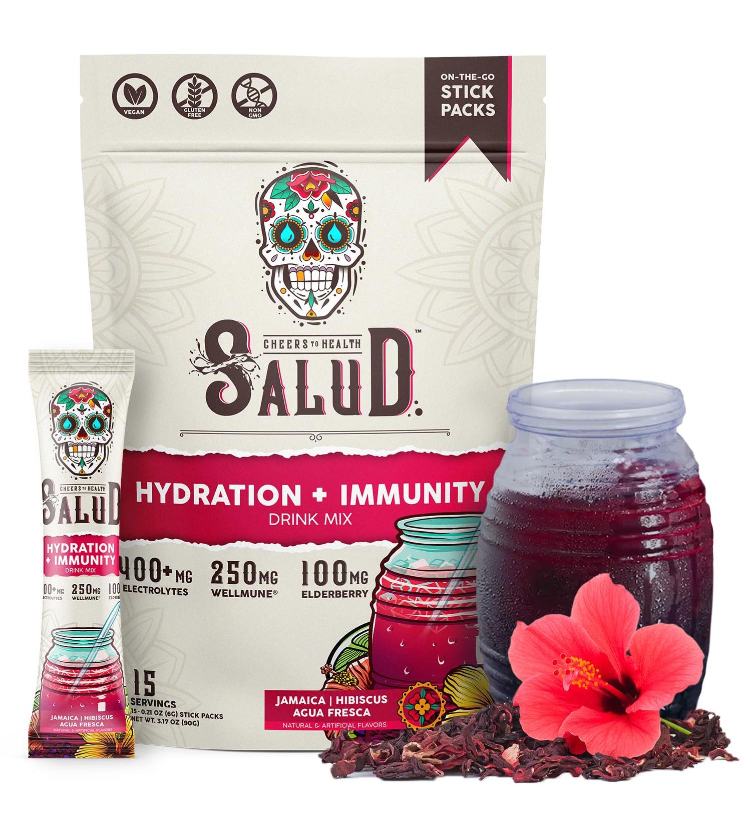 Salud 2-in-1 Hydration & Immunity Electrolytes Powder - Hibiscus Jamaica Agua Fresca Vegan Non-GMO Low Cal 15 Servings - Buy Online on GoSupps.com