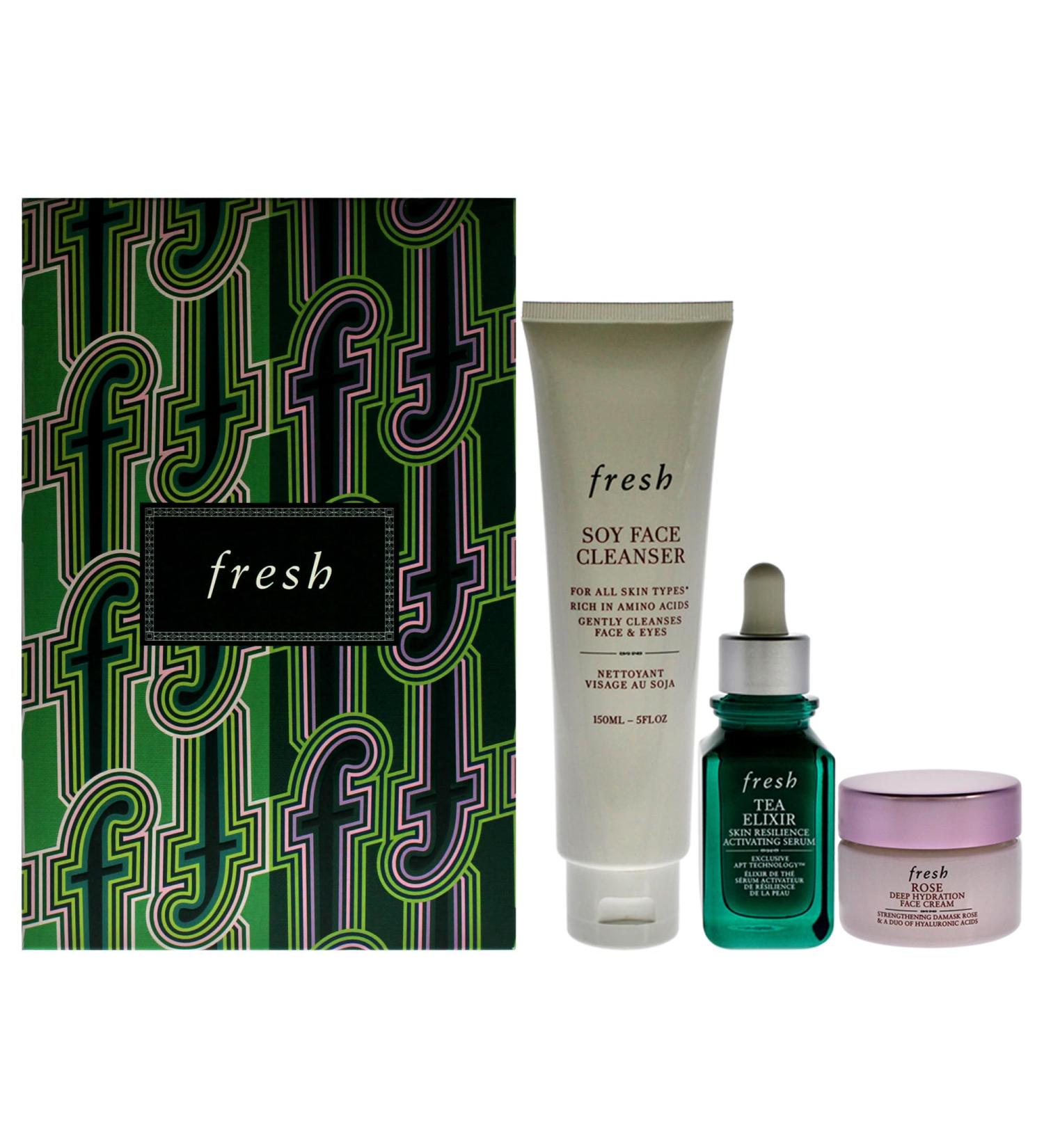 Fresh Resilient Hydrated Skin Trio for Women | Soy Cleanser Tea Elixir Serum & Rose Cream - 3 Piece Set - Buy Online on GoSupps.com