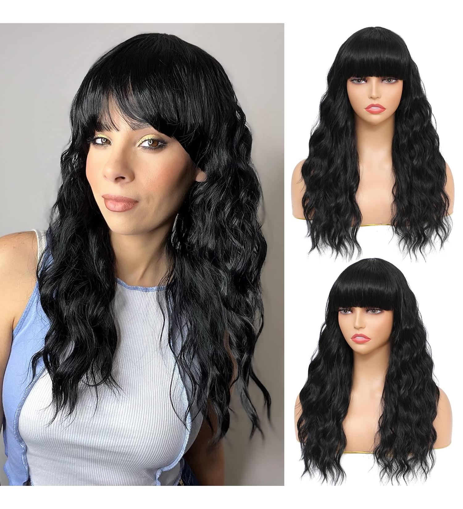 SOKU Black Wavy Wig with Bangs - 20 Inches Synthetic Heat Friendly Curly Wig for Women - Natural Looking Medium Length Hair for Daily Wear and Parties - Buy Online on GoSupps.com