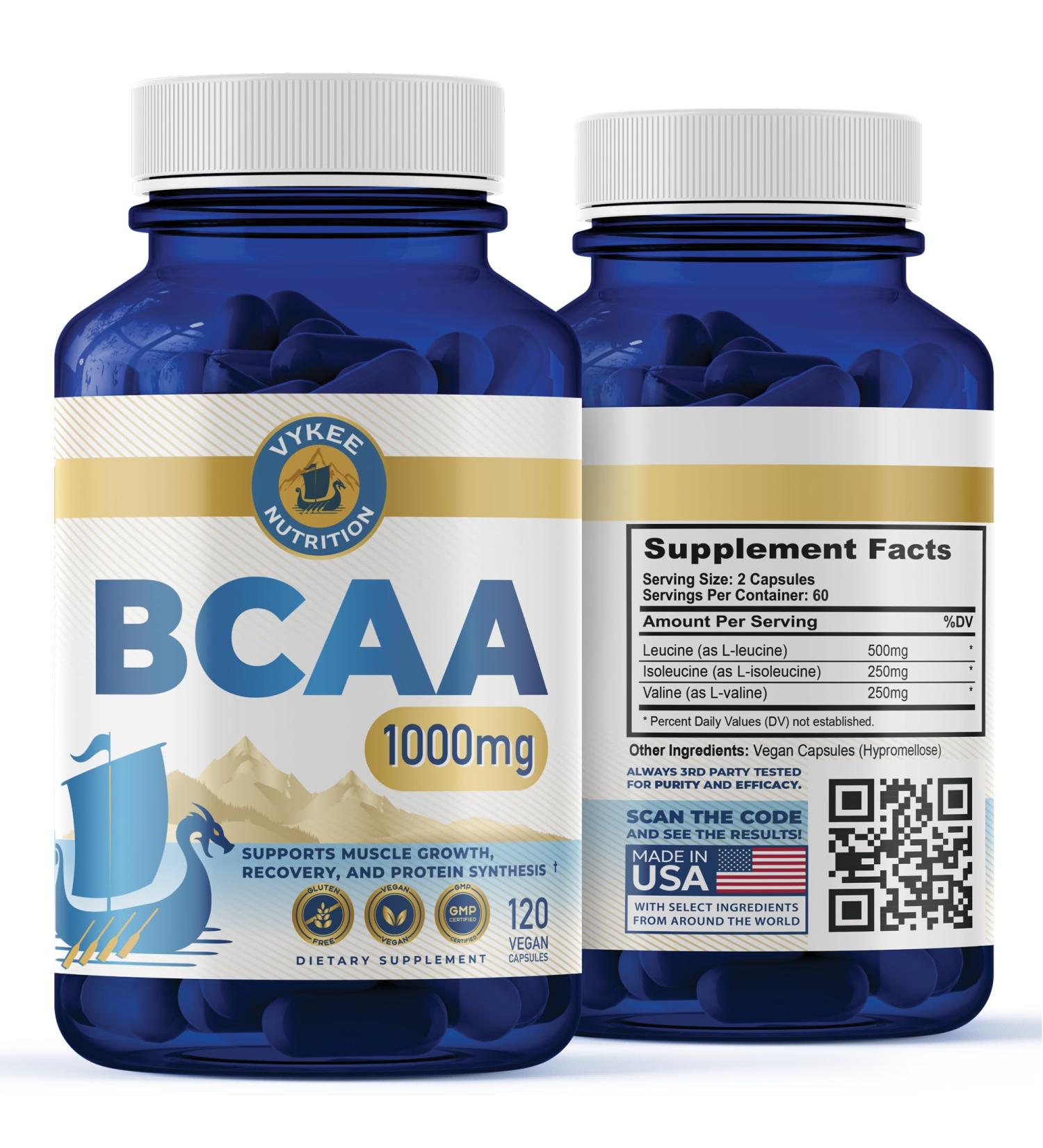 Vykee Nutrition BCAA Capsules 1000mg Branched-Chain Amino Acids (2:1:1 Ratio) for Muscle Recovery, Endurance & Protein Synthesis | Vegan, Non-GMO | 120 Capsules - Buy Online on GoSupps.com