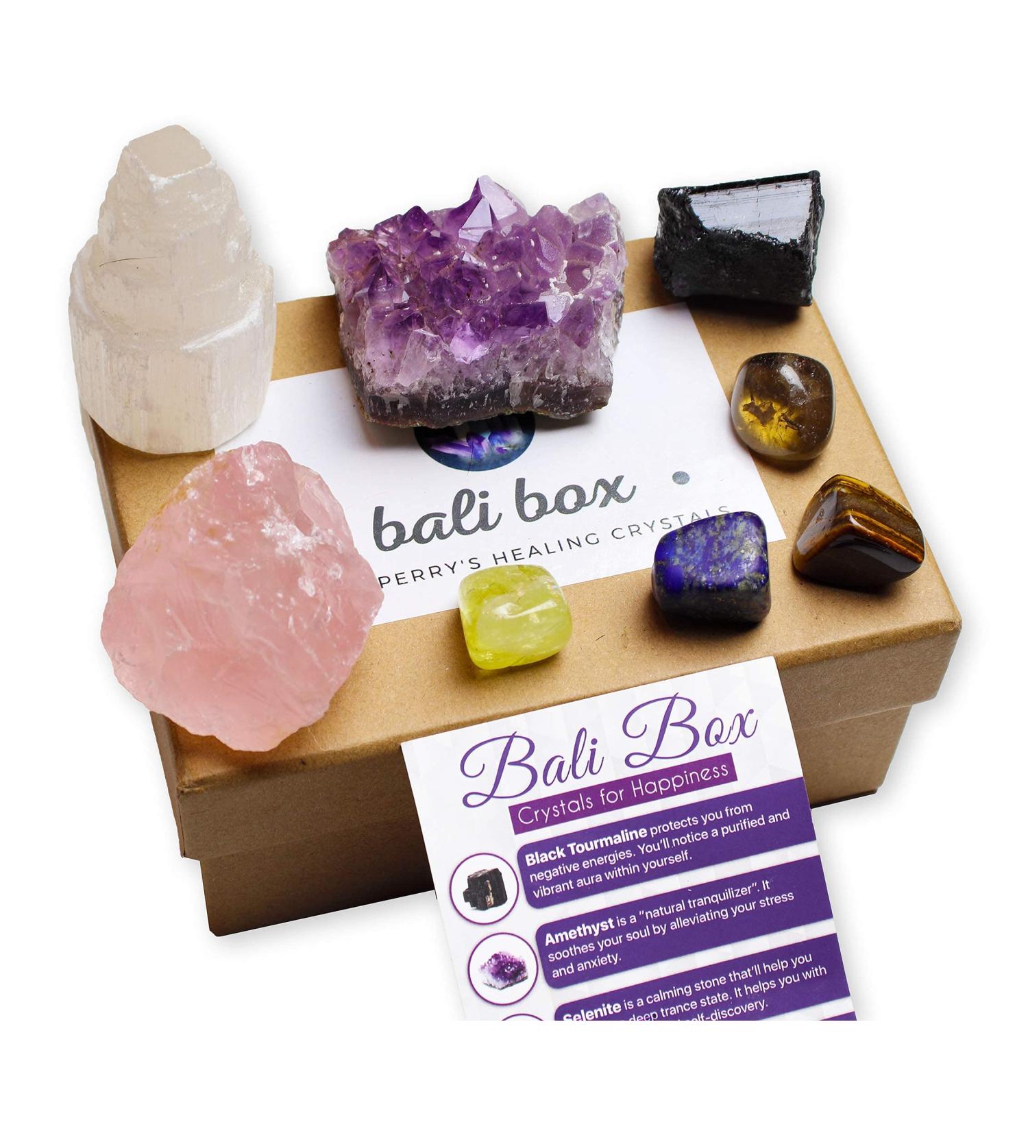 Bali Box Healing Crystals Set - 8 Natural Chakra Crystals Including Selenite, Amethyst, Lapiz Lazuli, Black Tourmaline - Tumbled & Raw - Energy Healing Kit - Buy Online on GoSupps.com