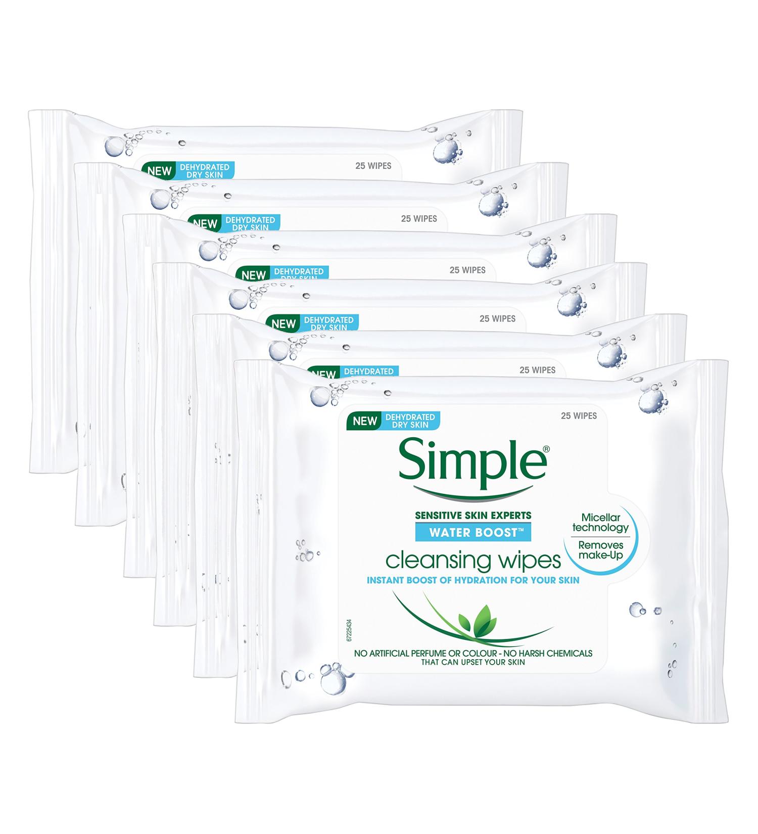 Simple Water Boost Hydrating Cleansing Wipes - 6 Packs of 25 Wipes (150 Wipes Total) - Buy Online on GoSupps.com