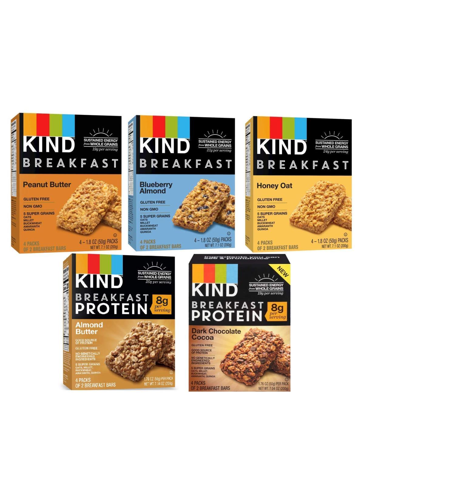 Kind Breakfast Bars Variety Pack - Dark Chocolate Cocoa, Honey Oat, Peanut Butter, Almond Butter, Peanut Butter Banana Maple Cinnamon, Blueberry Almond - 5 Box (8ct each) - Buy Online on GoSupps.com