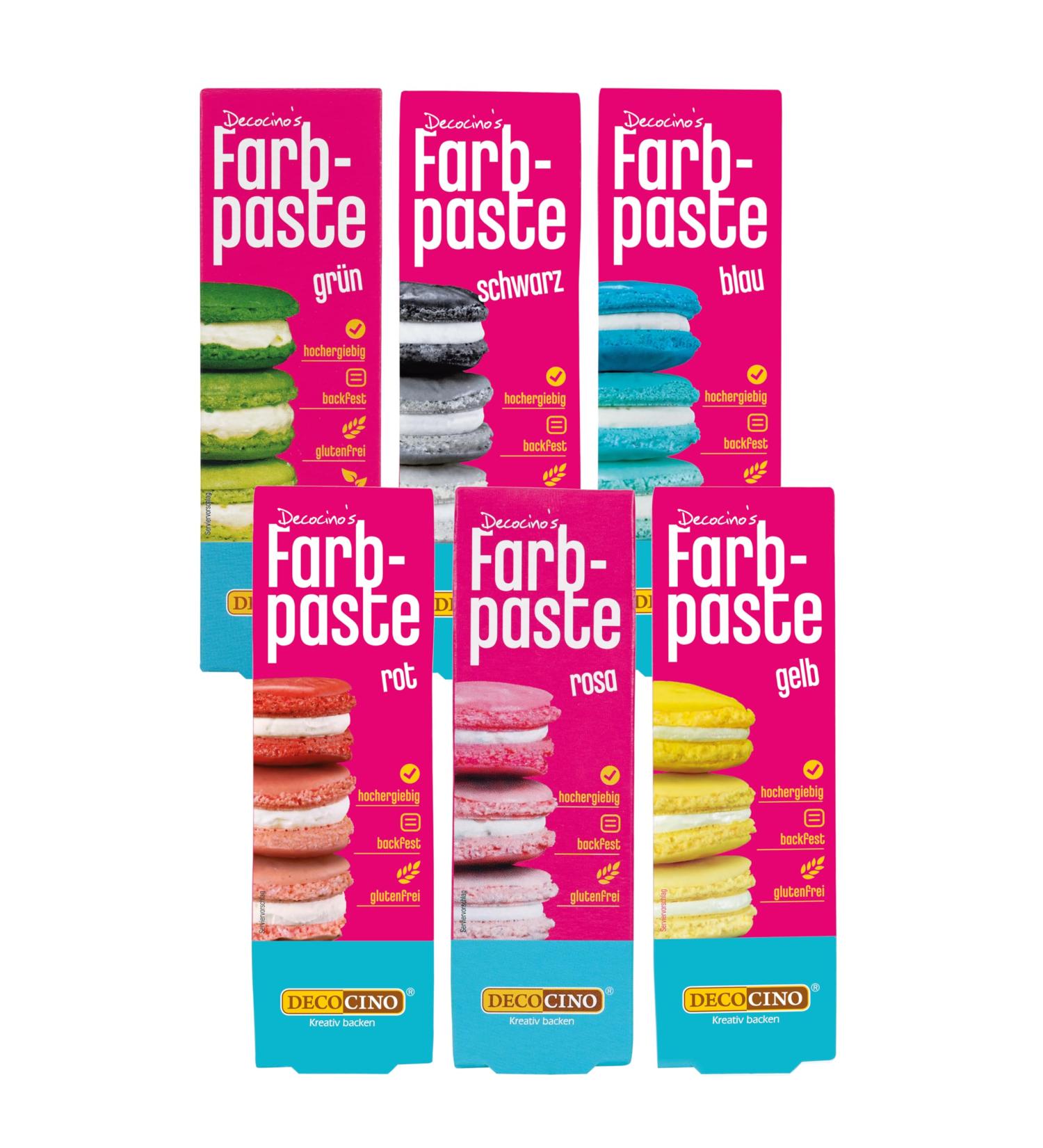 Decocino Color Paste Set - 6 Azo-Free & Gluten-Free Food Colors for Cakes Fondant & Creams | Red Pink Green Yellow Blue Black - International Shipping - Buy Online on GoSupps.com
