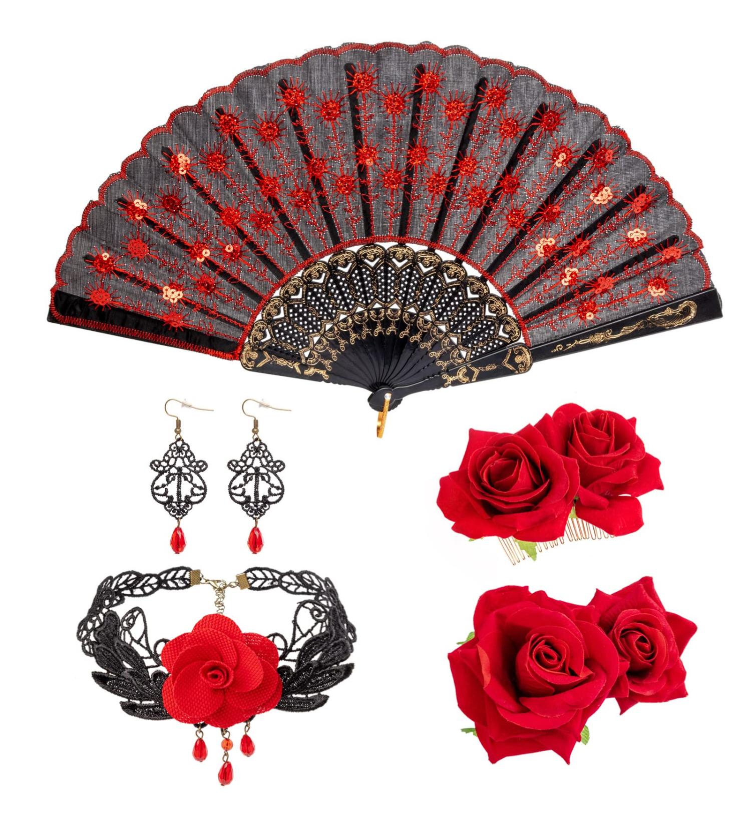 DRESHOW Rose Flower Hair Clip Embroidered Folding Fan Earrings Set Hair Accessories for Women Flamenco Dancer Set-F01UK Red - Buy Online on GoSupps.com