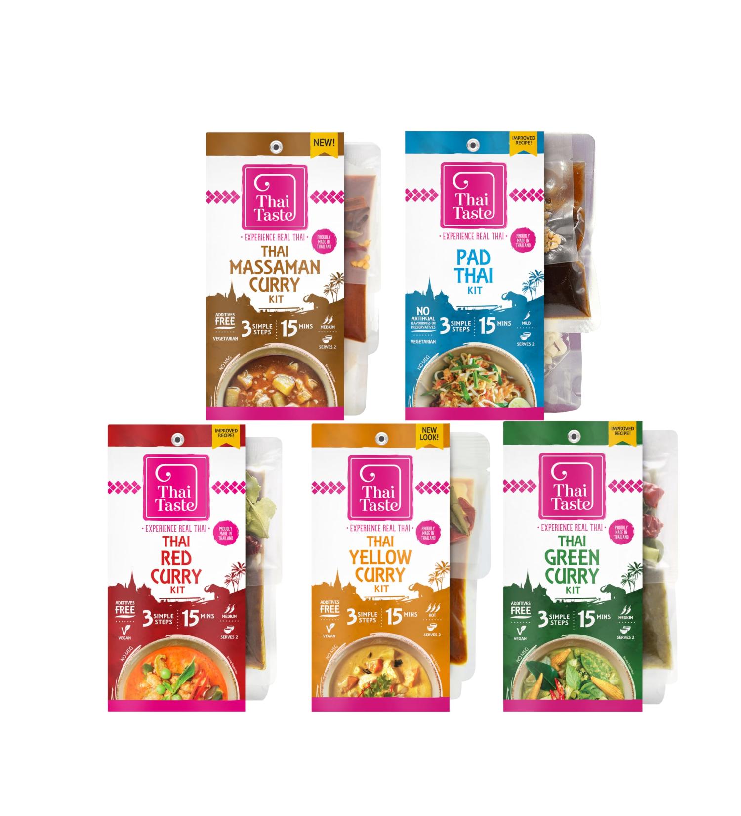 Thai Taste Meal Kit Variety Bundle Pack of 5 - Green Curry Red Curry Yellow Curry Massaman Curry & Pad Thai - Buy Online on GoSupps.com