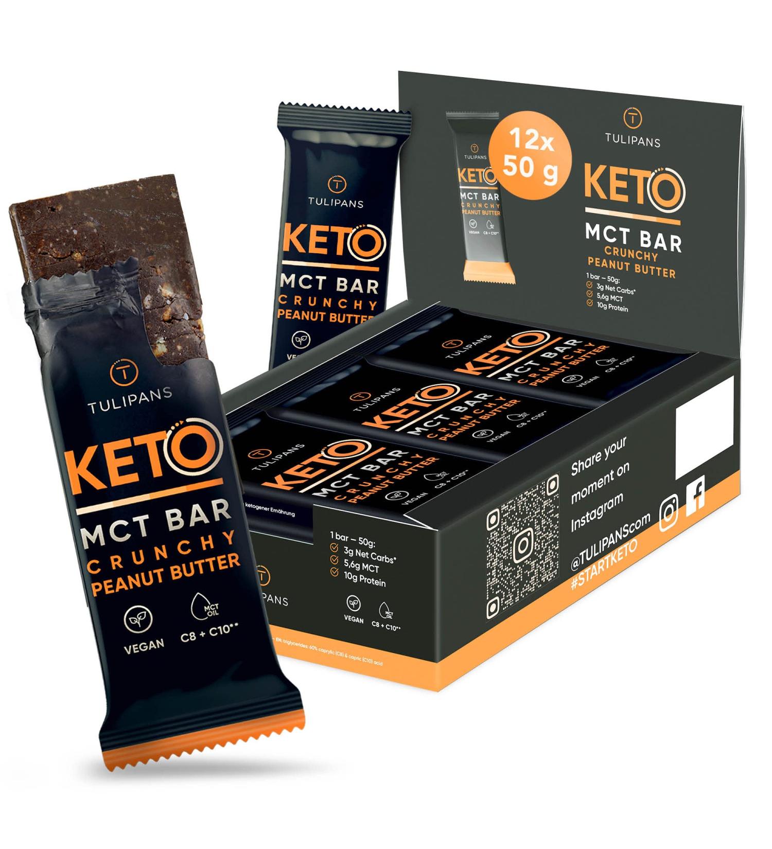 Tulipans Peanut Butter MCT Keto Bar - 12 x 50g | Sugar-Free Low Carb Protein Snack for Ketogenic Diet | Delicious Crunchy Peanut Butter Bar - Buy Online on GoSupps.com