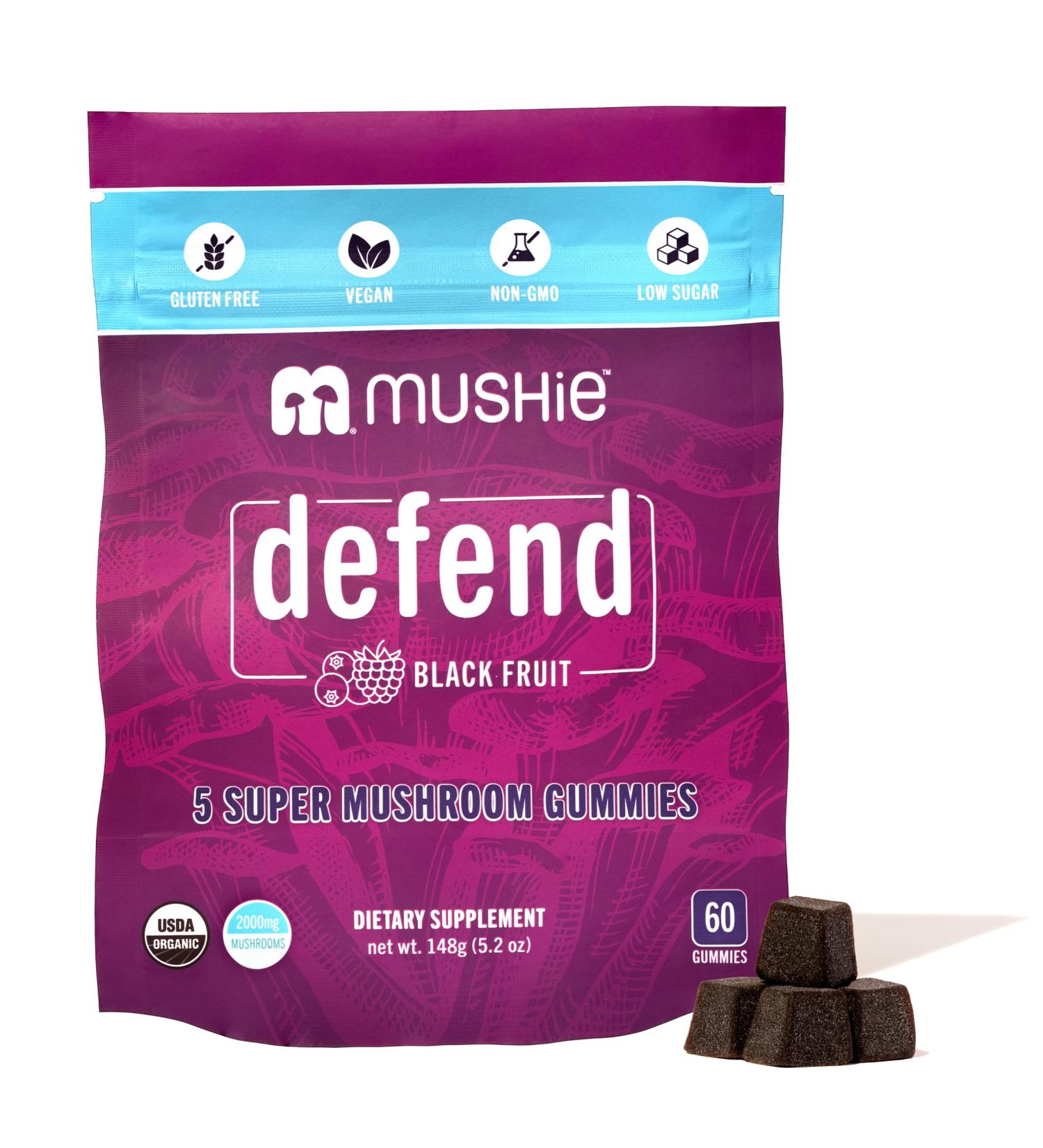 Mushie 100% Organic 5 Super Mushroom Complex Gummies - 2000mg Reishi Turkey Tail Maitake Chaga & Shiitake Blend - Gut Health & Immune Support with Vitamin D - Vegan Gluten-Free - 60 Count - Buy Online on GoSupps.com