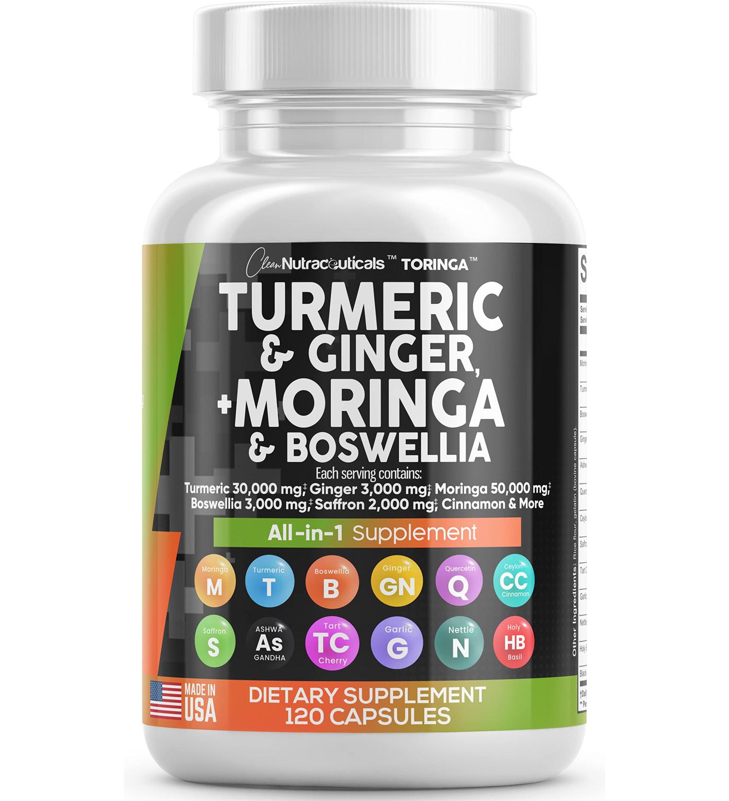 Turmeric Curcumin Joint Support Supplement with Ginger, Moringa, Boswellia, Saffron - 120 Caps - Made in USA - Buy Online on GoSupps.com