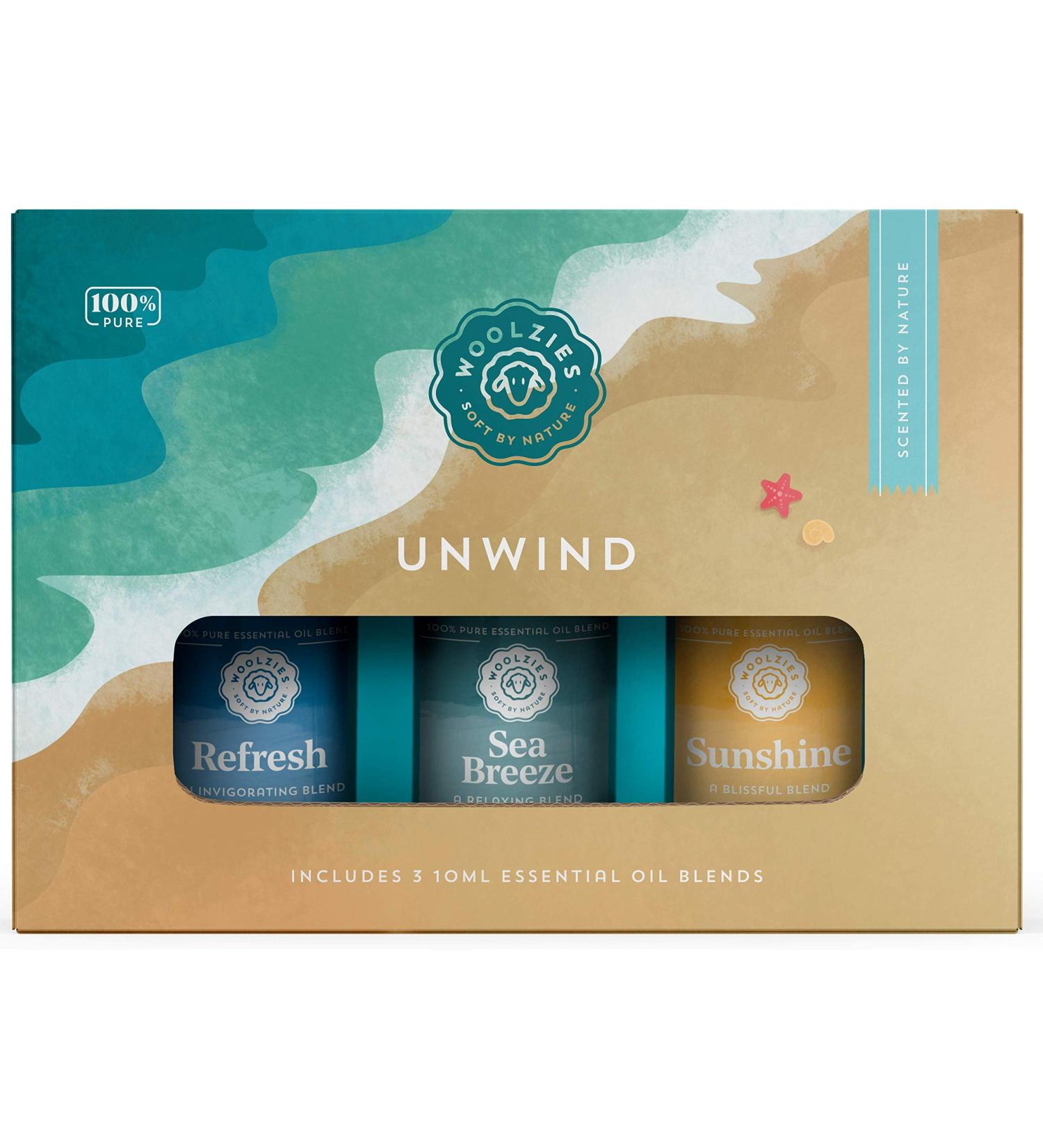 Woolzies Unwind Essential Oil Blend Set - 100% Pure & Natural Therapeutic Grade - Refresh Sea Breeze & Sunshine Blends - 3 Pack of 1 Fl Oz Bottles - Buy Online on GoSupps.com