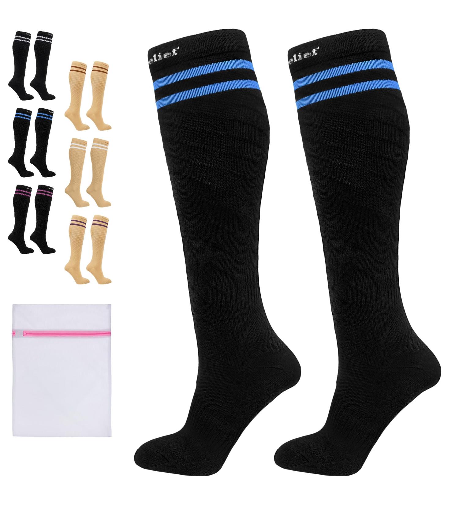 360 RELIEF - Flight Compression Socks Supports | Blood Circulation Travel Work L-XL 2Pairs-Black with 2 Blue lines - Buy Online on GoSupps.com