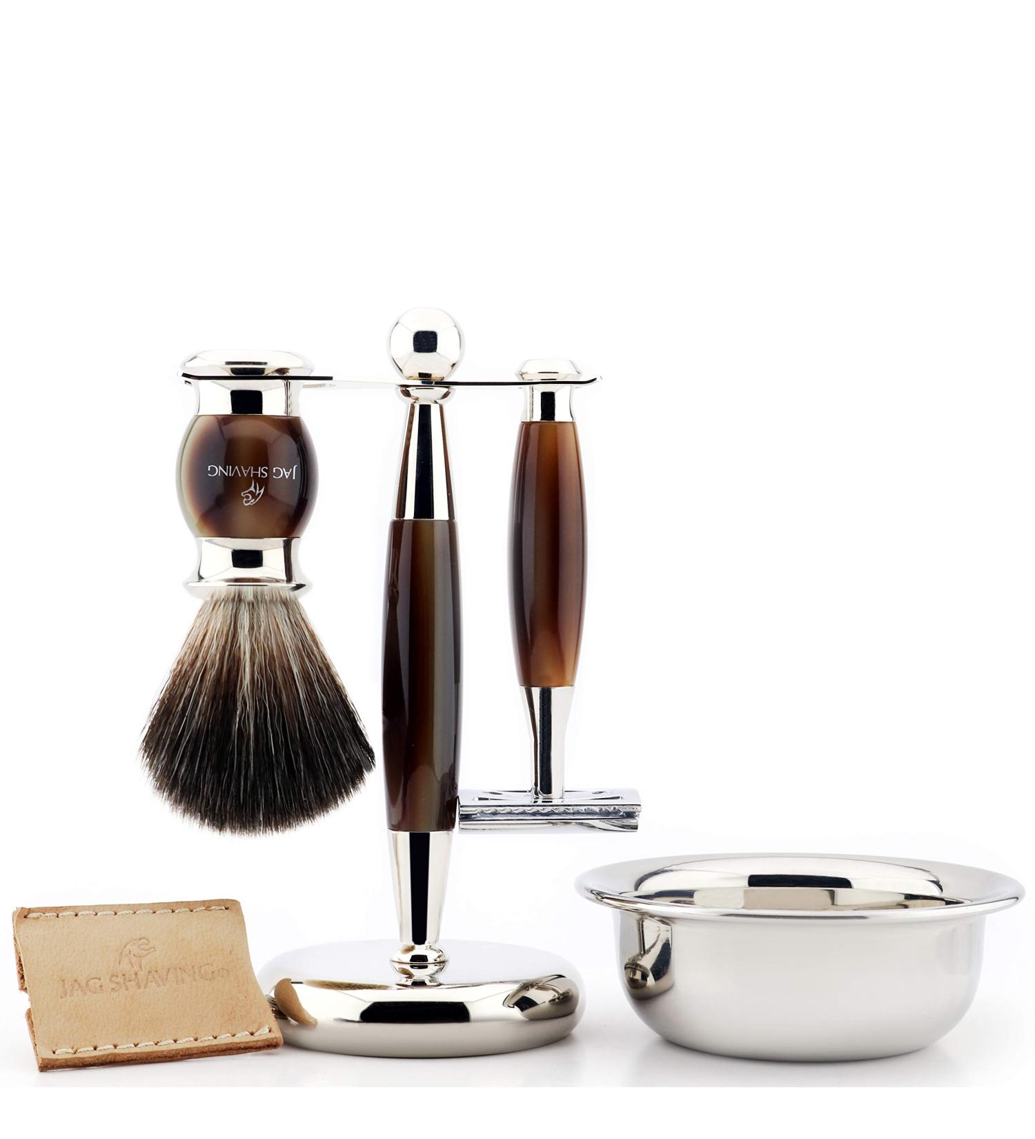 Jag Men's Luxury Shaving Set with Double Edge Safety Razor with Leather Case Shaving Brush Stand and Bowl