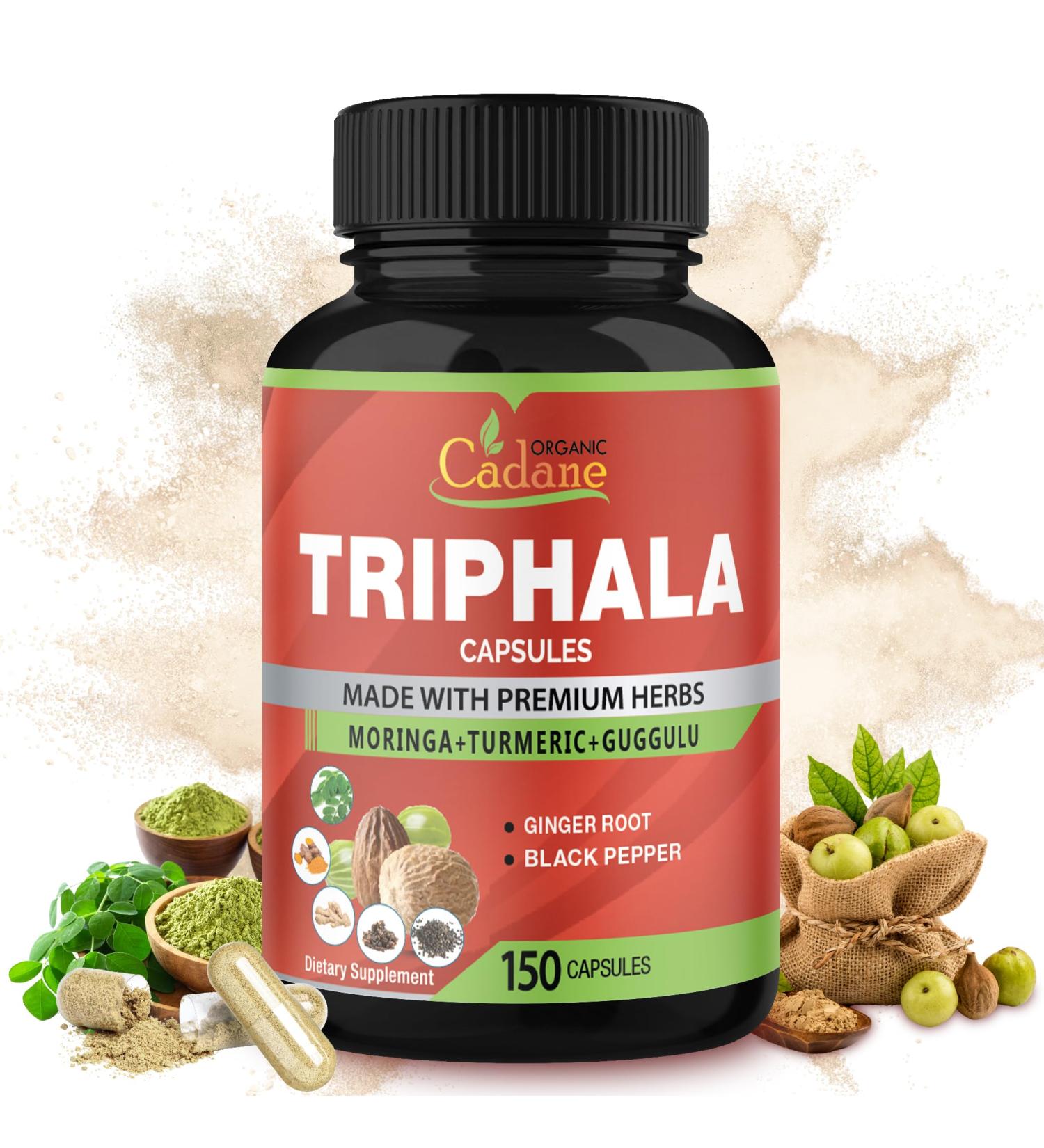 Organic Cadane Triphala Extract Capsules 5 Months Supply with Turmeric Guggulu Ginger Black Pepper Moringa - Support Digestion Health & Immune System - 150Caps - Buy Online on GoSupps.com