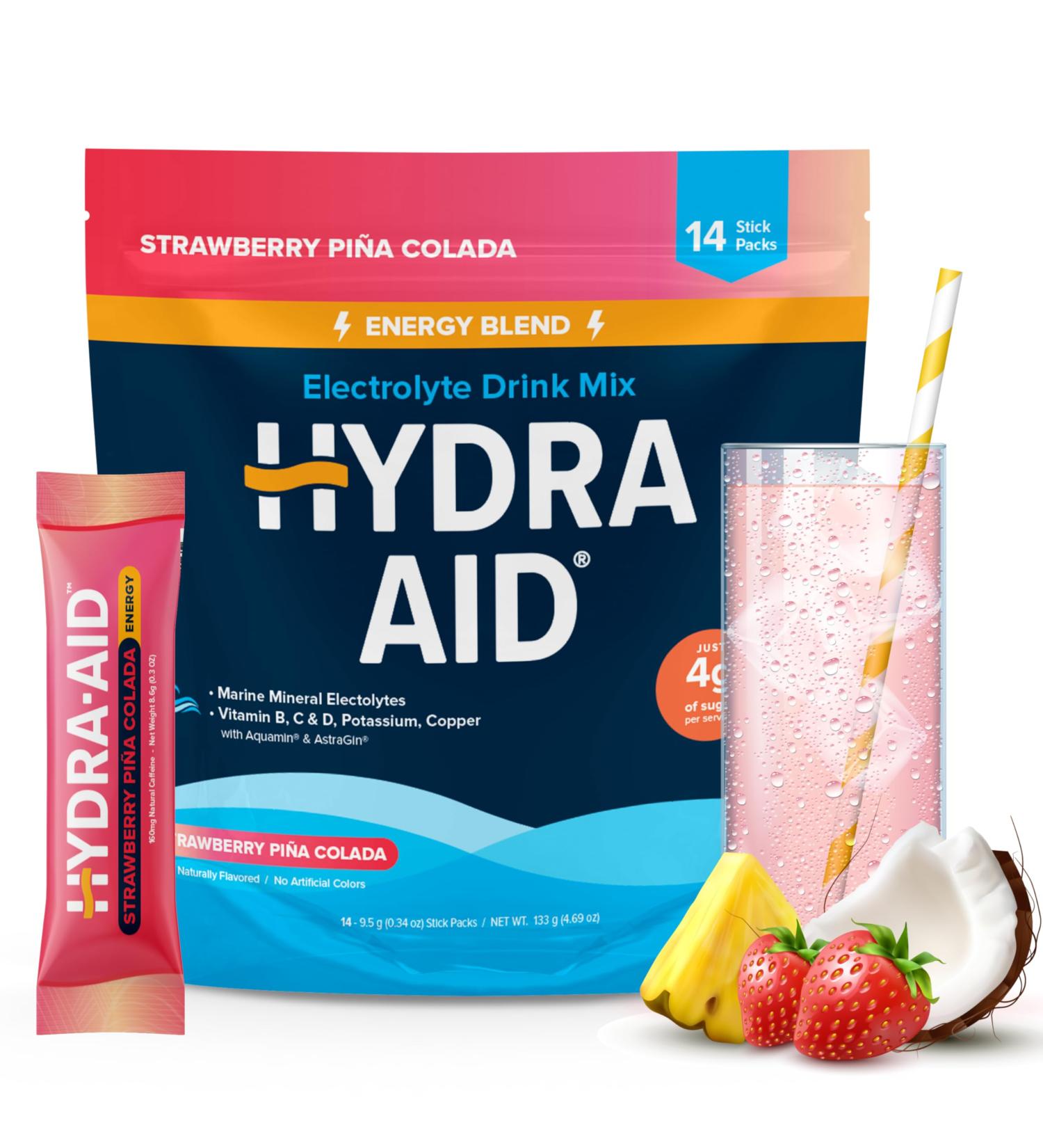 HYDRA AID Hydration Energy Powder Drink Mix | Marine-Mineral Electrolytes Vitamins B C D Low Sodium | 14 Stick Packs - Strawberry Pina Colada | Vegan Non-GMO Gluten Free - Buy Online on GoSupps.com